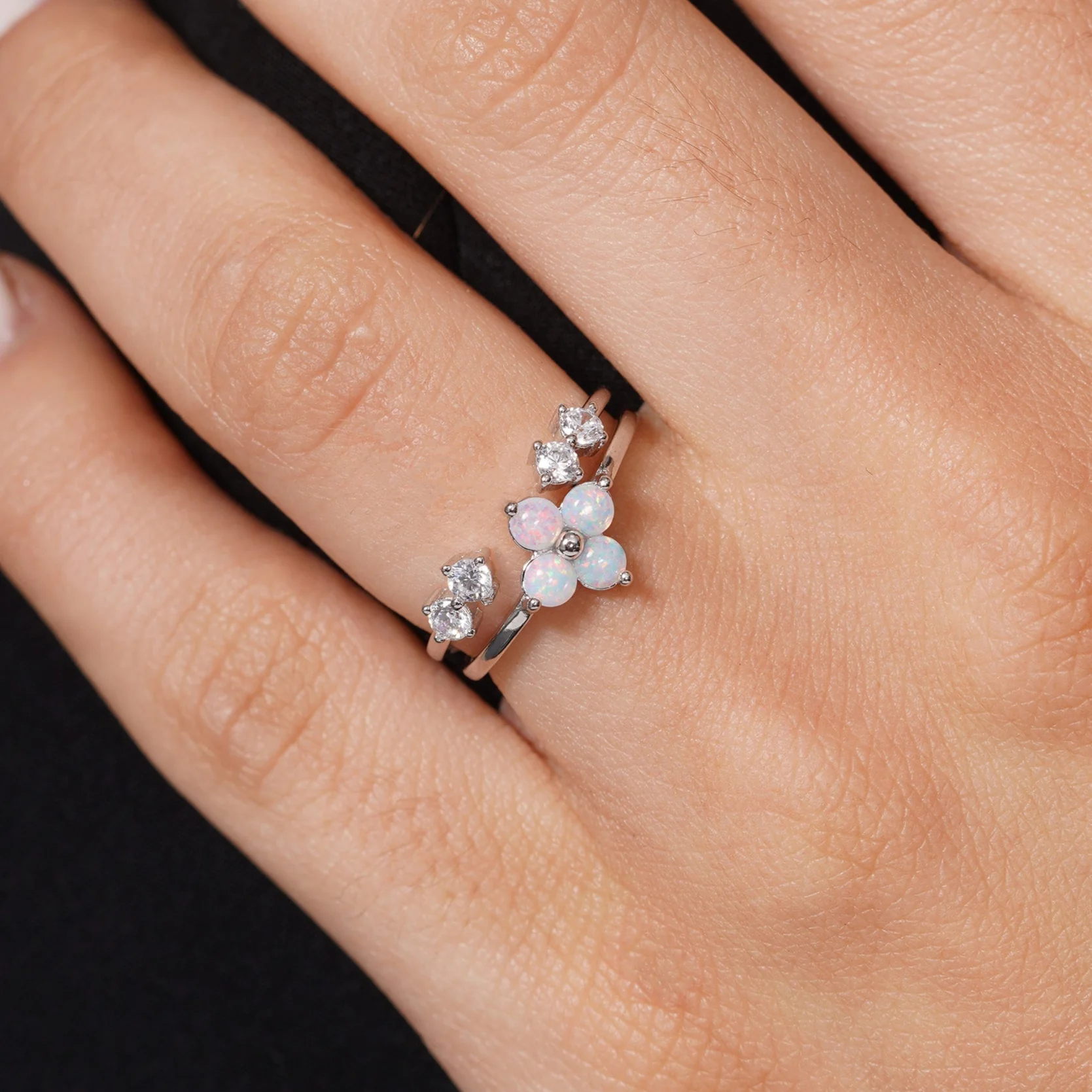 Rhodium Plated 925 Sterling Silver Synthetic Opal Clover And Open Bypass Clear CZ Ring Set - JTR00005 - Image 3