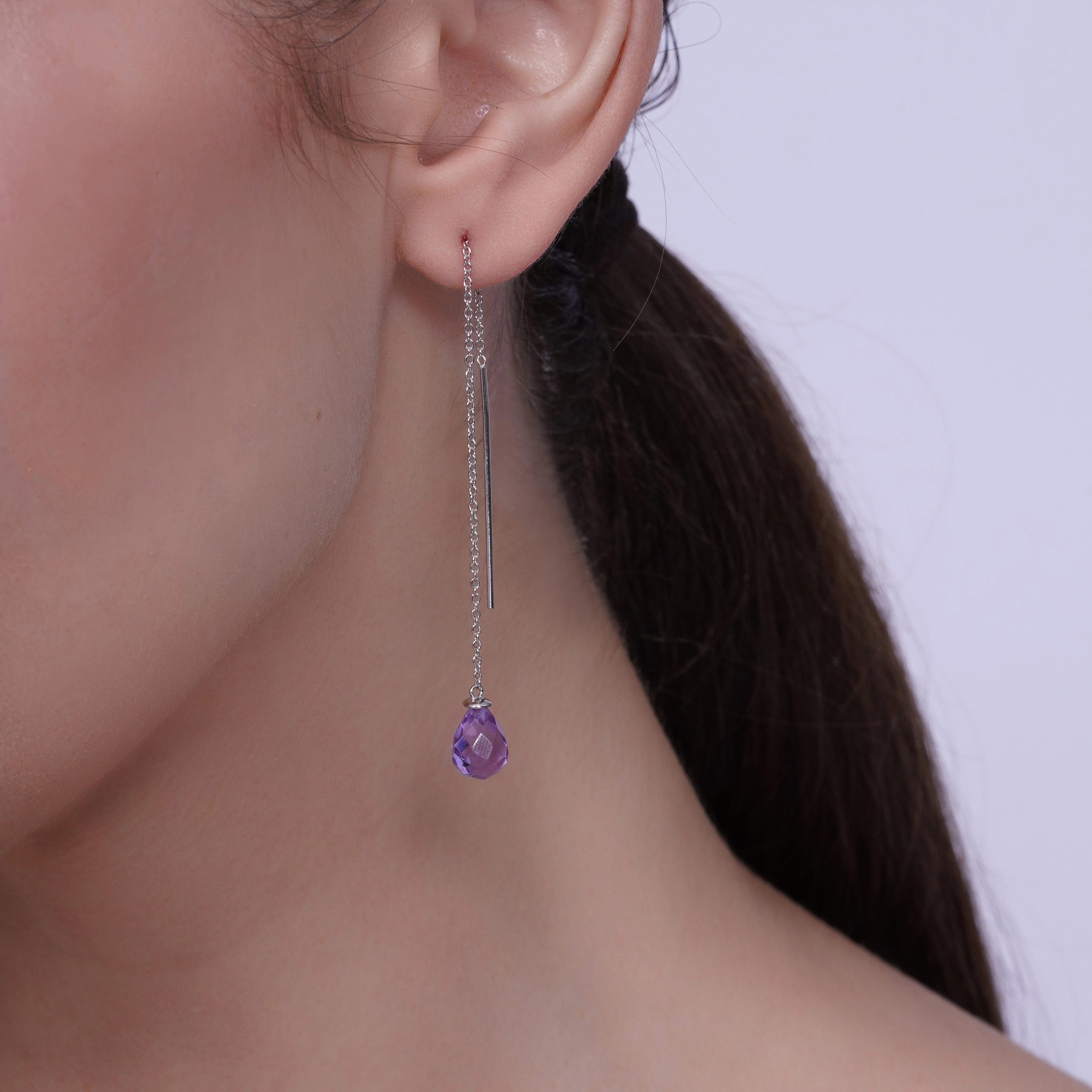 Rhodium Plated 925 Sterling Silver Threaded CZ Tear Drop Earrings- SPE00013 - Image 2