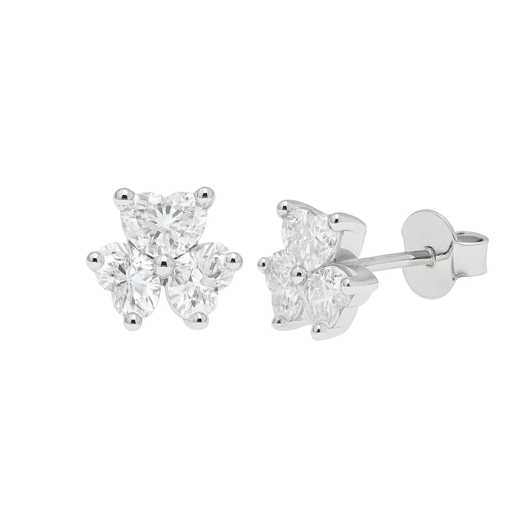 Rhodium Plated 925 Sterling Silver Moissanite Three Stone Flower 6.5mm Stud Earring - MDGE00015