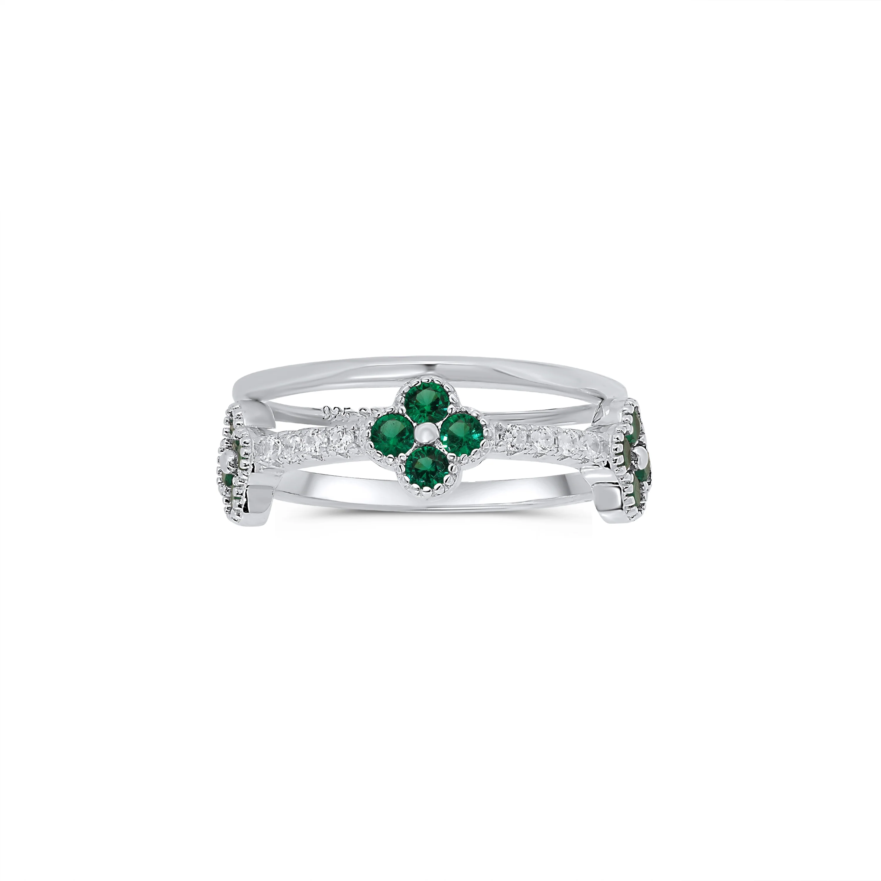 Rhodium Plated 925 Sterling Silver Triple Clover Plain Rounded Band Clear and Green CZ Ring Set - JTR00004
