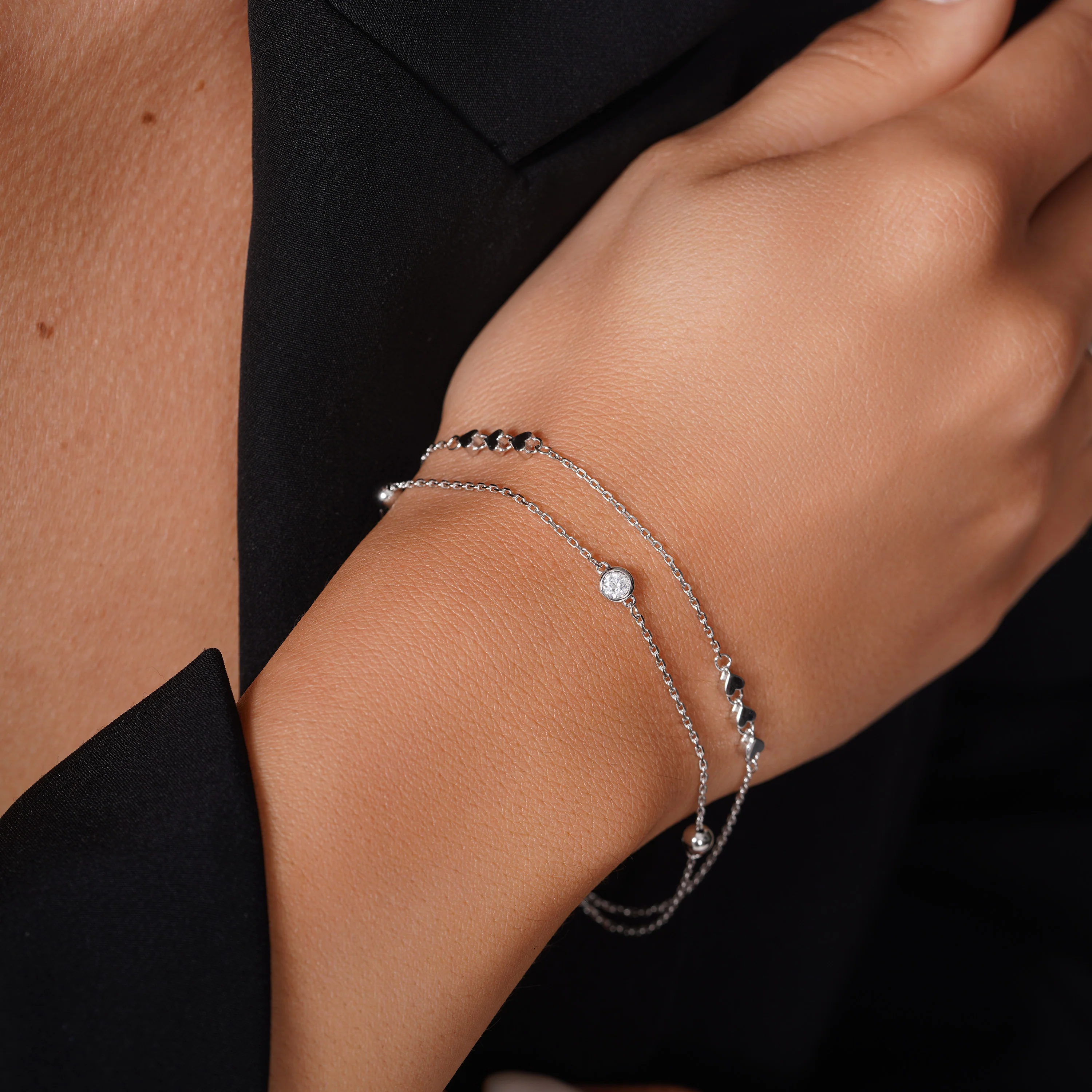 Rhodium Plated 925 Sterling Silver Two Strand Heart Ball Charm Clear CZ Cross Diamond Cut Round Charm Clear CZ Adjustable Bracelet - GMB00163 - Image 2