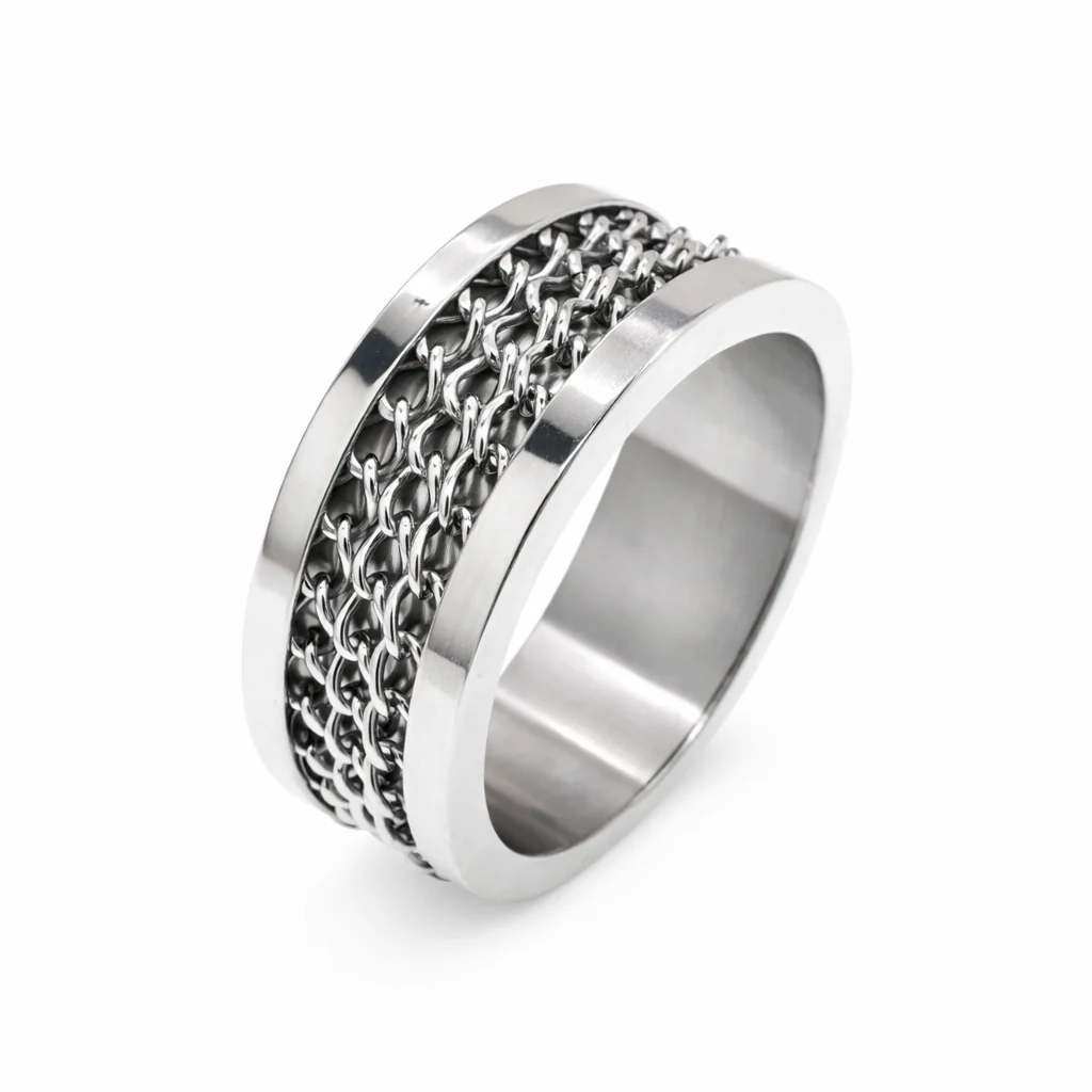 Rhodium Plated Stainless Steel Chain Link Inlay Men's Ring- SRB0018