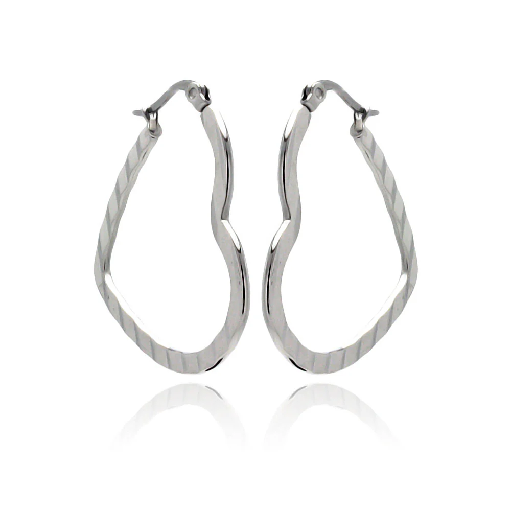 Rhodium Plated Stainless Steel Rectangle Crinkle Heart Hoop Earrings - SSE00067