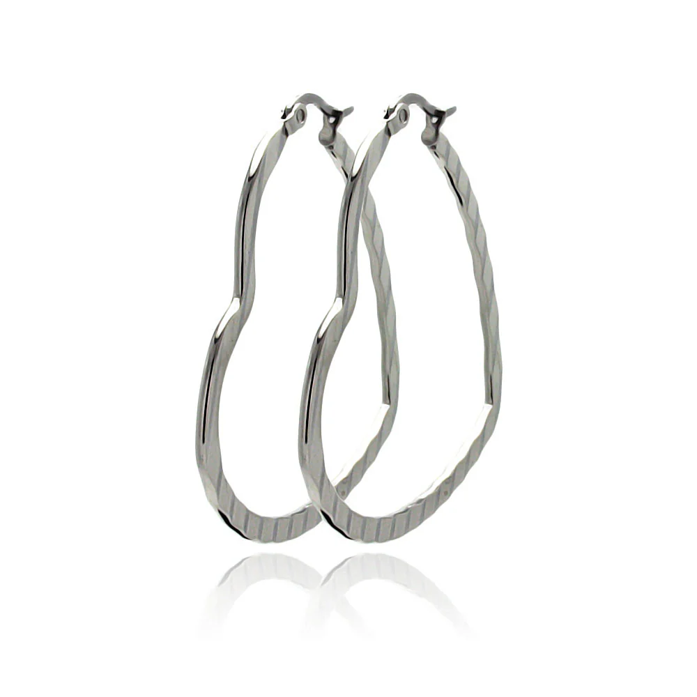Rhodium Plated Stainless Steel Rectangle Crinkle Heart Hoop Earrings - SSE00067 - Image 2