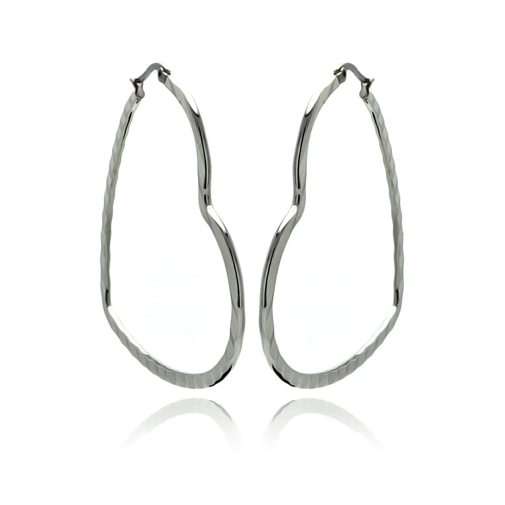 Rhodium Plated Stainless Steel Rectangle Crinkle Heart Hoop Earrings - SSE00067 - Image 3
