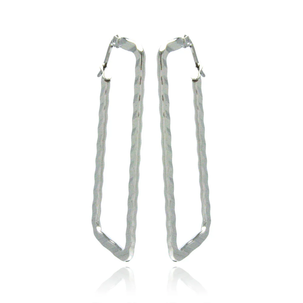 Rhodium Plated Stainless Steel Rectangle Crinkle Hoops Earrings - SSE00066 - Image 2