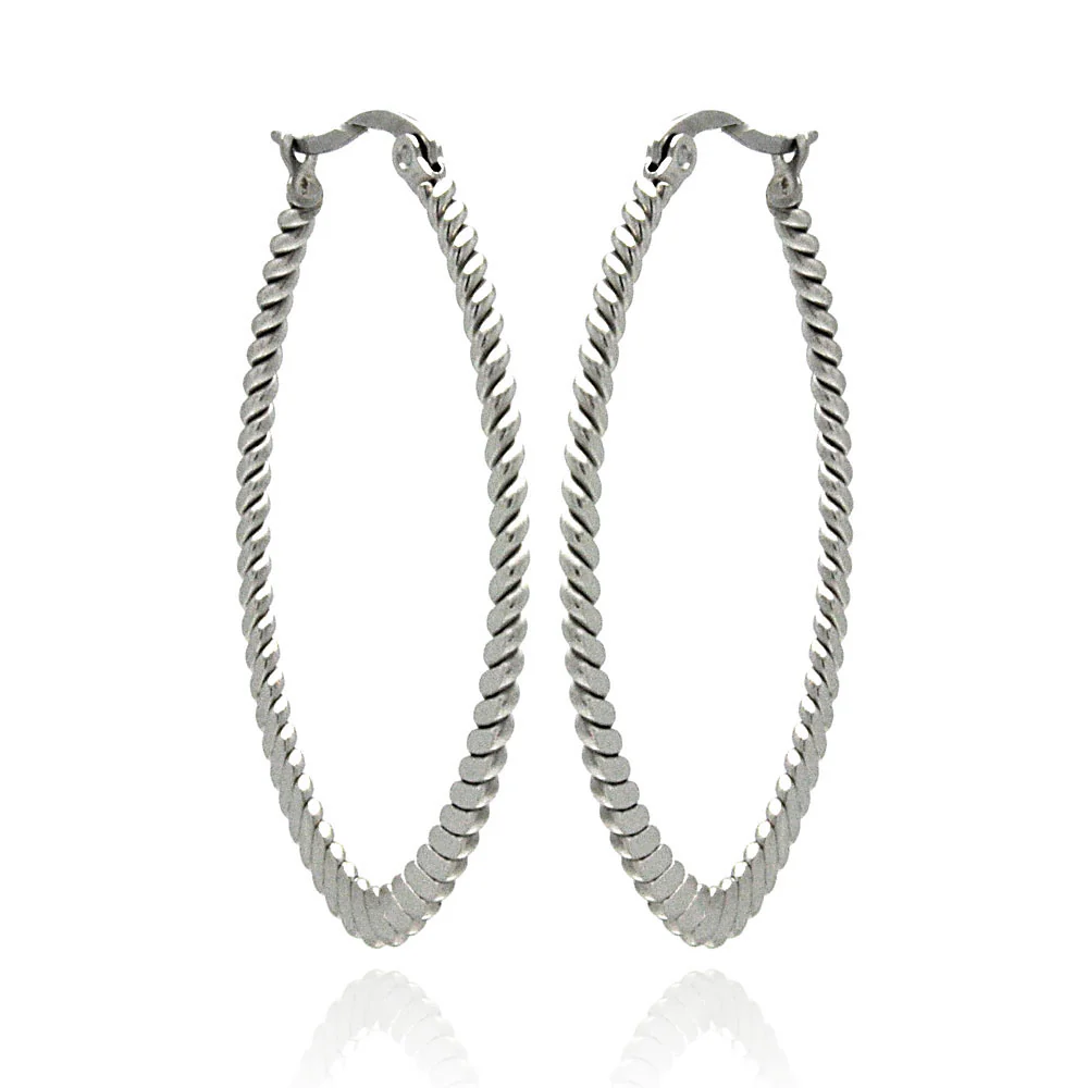 Rhodium Plated Stainless Steel Rope Hoop Earrings - SSE00039 - Image 2