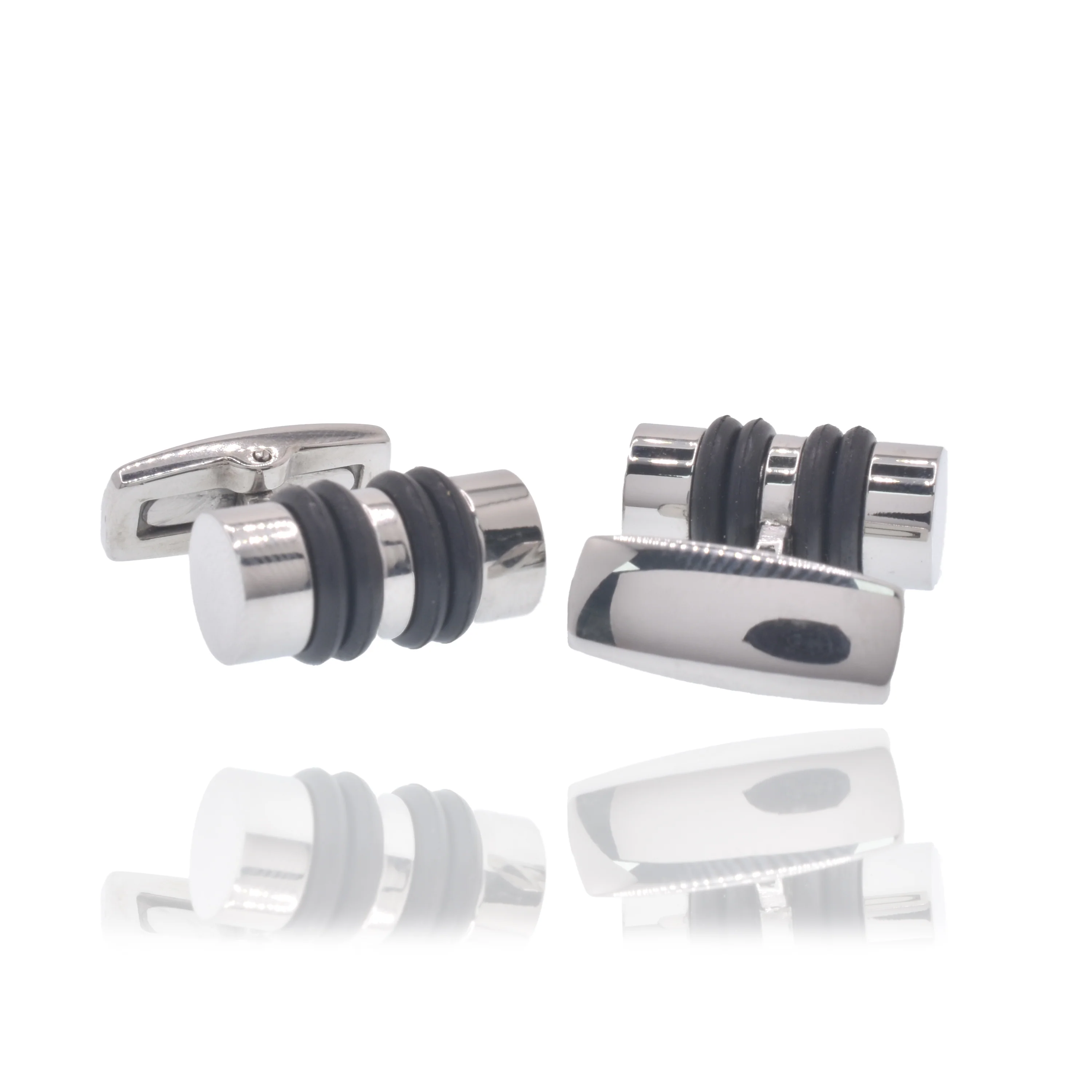 Rhodium Plated Stainless Steel Round Bar Rubber Inserts 18mm x 9mm Whale Back Cufflink - SCU00007