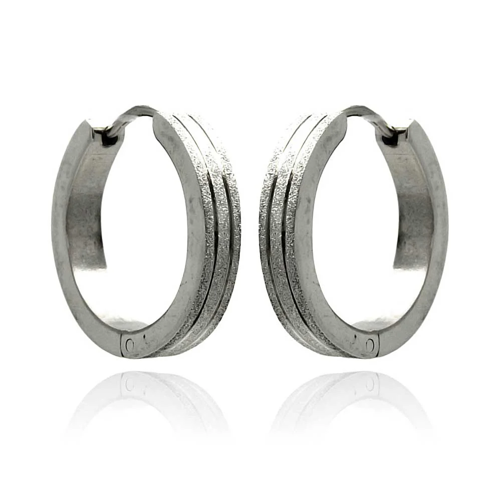 Rhodium Plated Stainless Steel Shimmer Lined Huggie Hoop Earrings - SSE00088