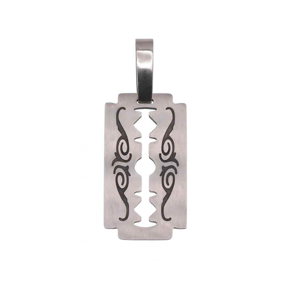 Rhodium Plated Stainless Steel Tribal Razor Blade  Pendant - SSP00521