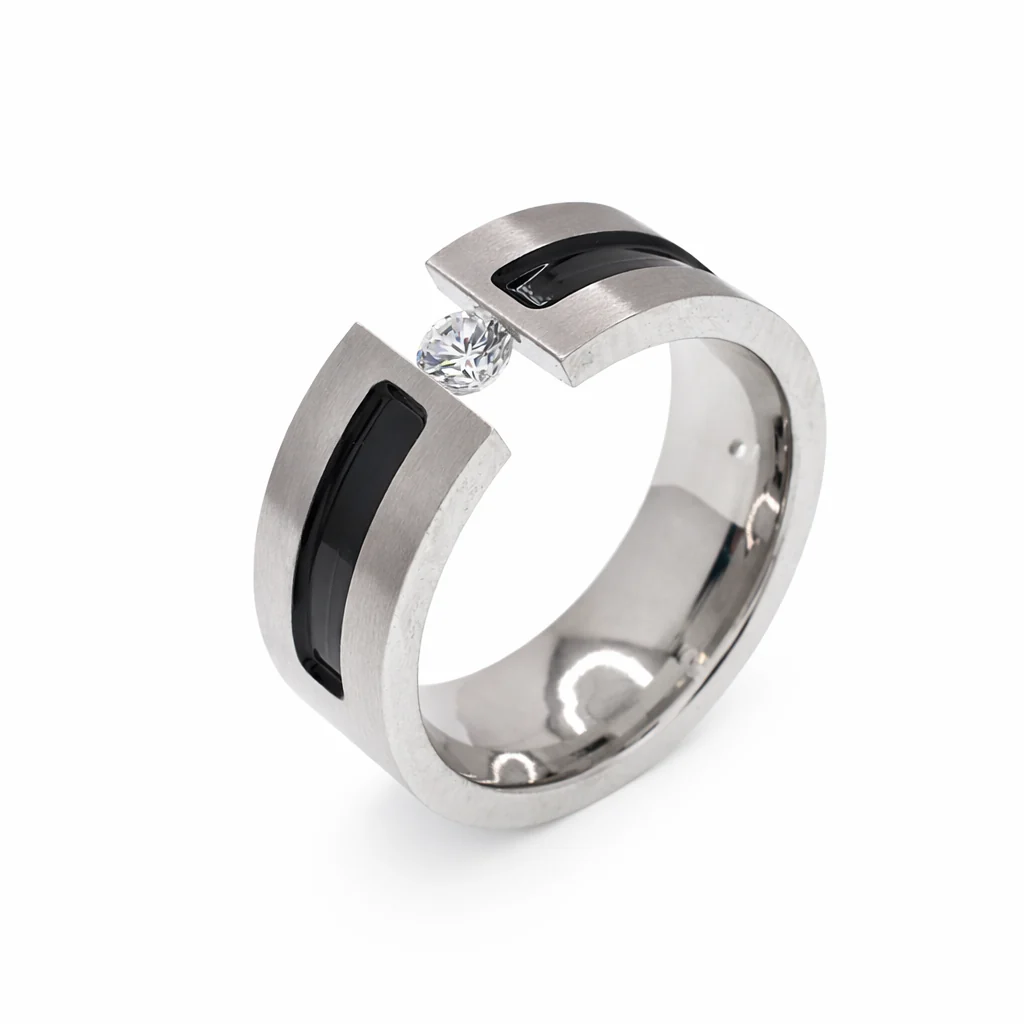 Rhodium Plated Stainless Steel Unisex Brushed Black Line Accent with CZ Ring- SRB0031