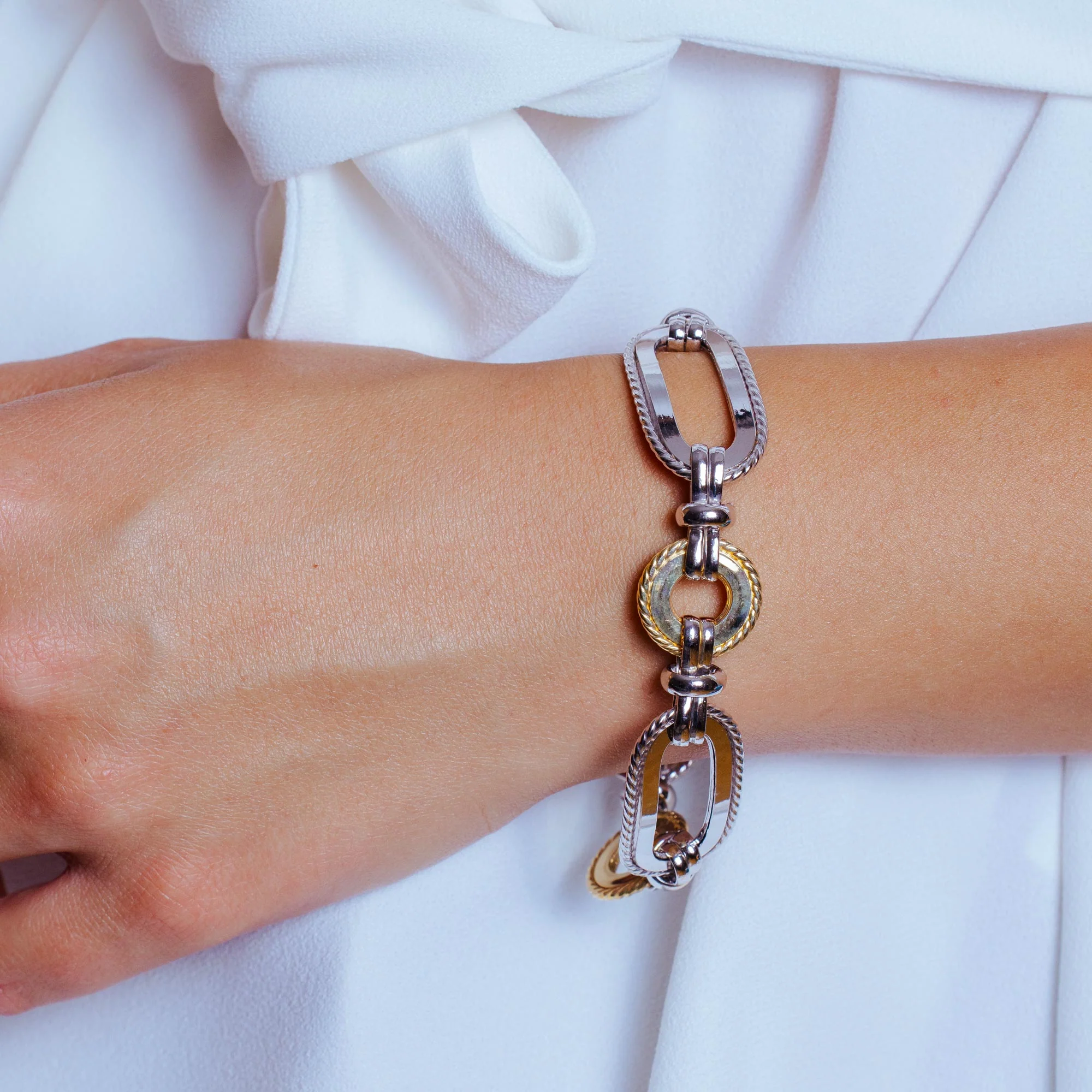 925 Sterling Silver 2 Toned Gold and Rhodium Plated Fancy Link Bracelet - SPB00014GP - Image 2