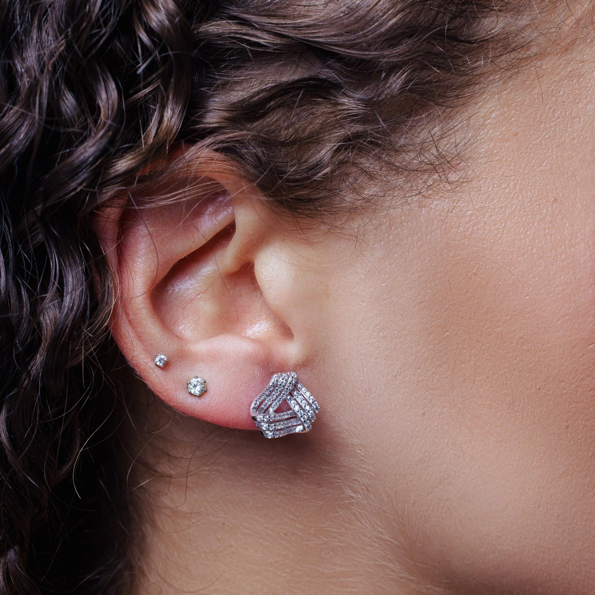 Rhodium Plated 925 Sterling Silver 3 Layer Knot CZ Stud Earrings - BGE00743 - Image 2