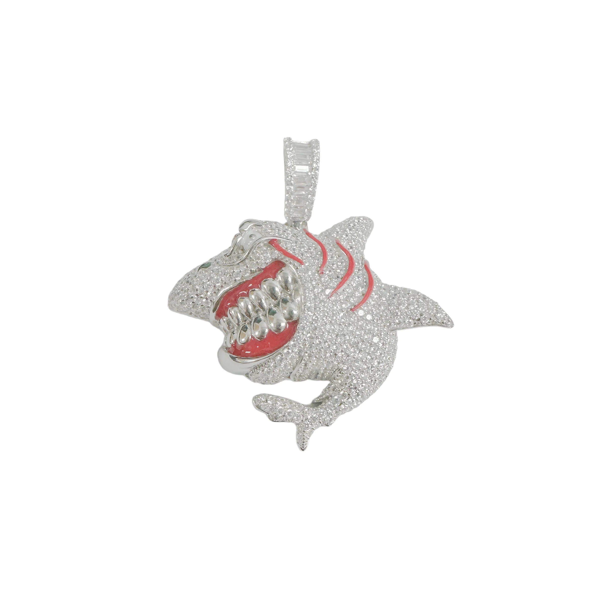 Rhodium Plated 925 Sterling Silver Angry Shark Red Enamel Clear CZ Pendant - SLP00366 - Image 2