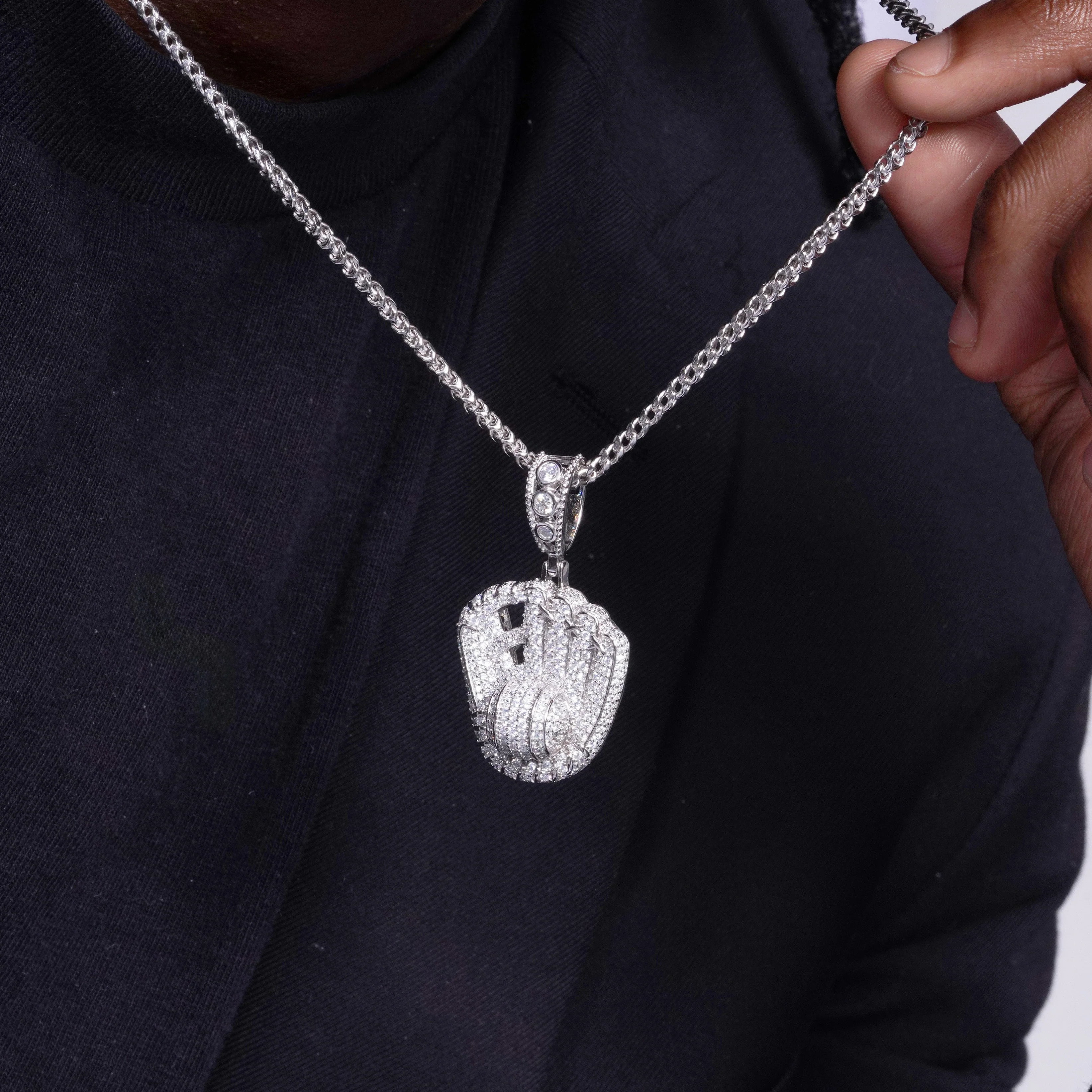 Rhodium Plated 925 Sterling Silver Baseball Gloves Clear CZ Pendant - SLP00170 - Image 2
