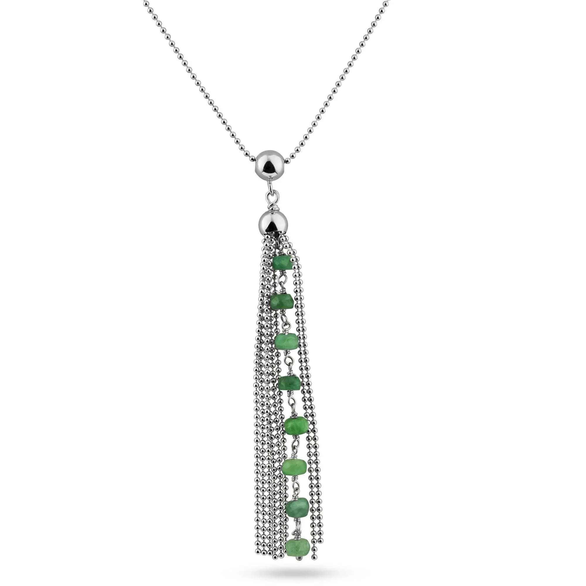 Rhodium Plated 925 Sterling Silver Bead Chain with Dropped Emerald Bead Necklace - DIN00068RH-EM