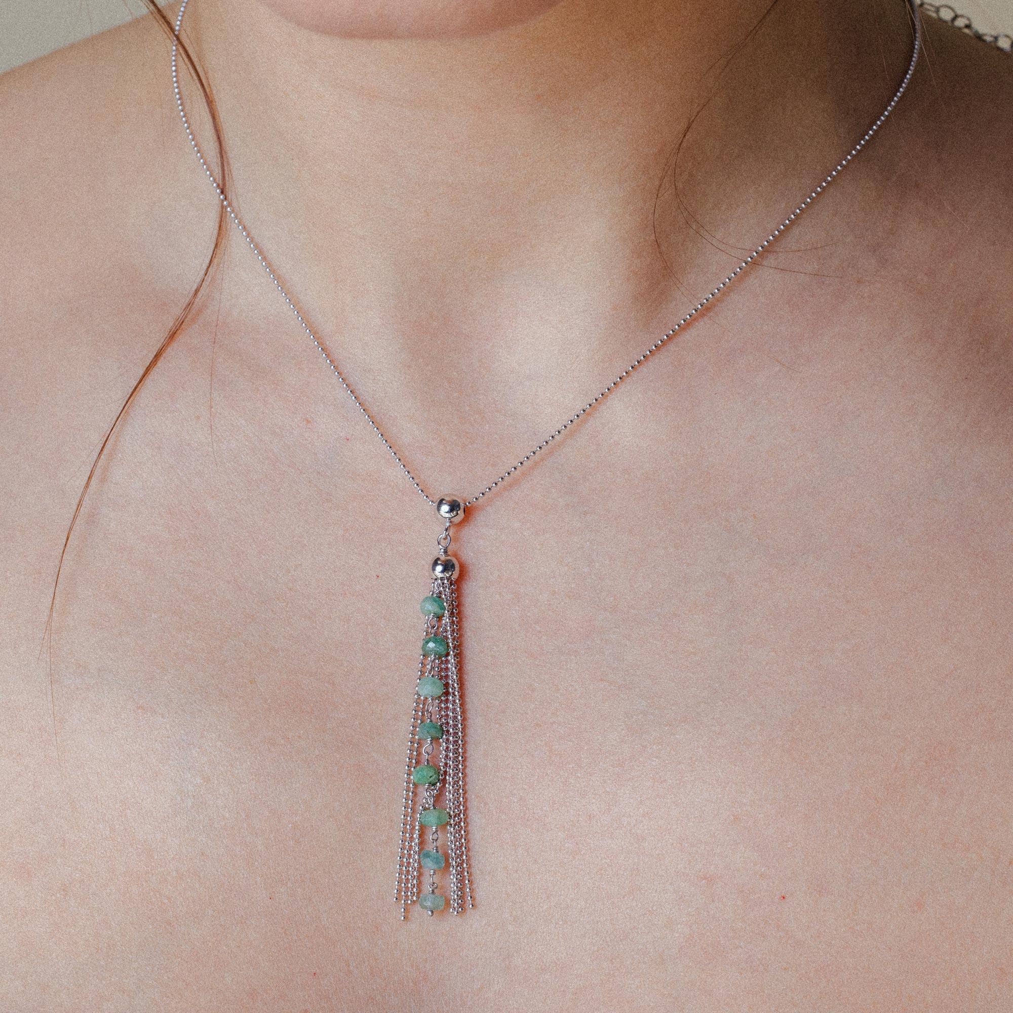 Rhodium Plated 925 Sterling Silver Bead Chain with Dropped Emerald Bead Necklace - DIN00068RH-EM - Image 2