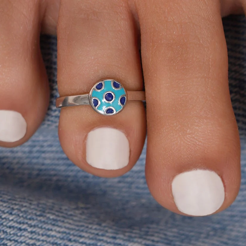 Silver 925 Rhodium Plated Blue Enamel Polka Dot  Toe Ring - CZTR016 - Image 2