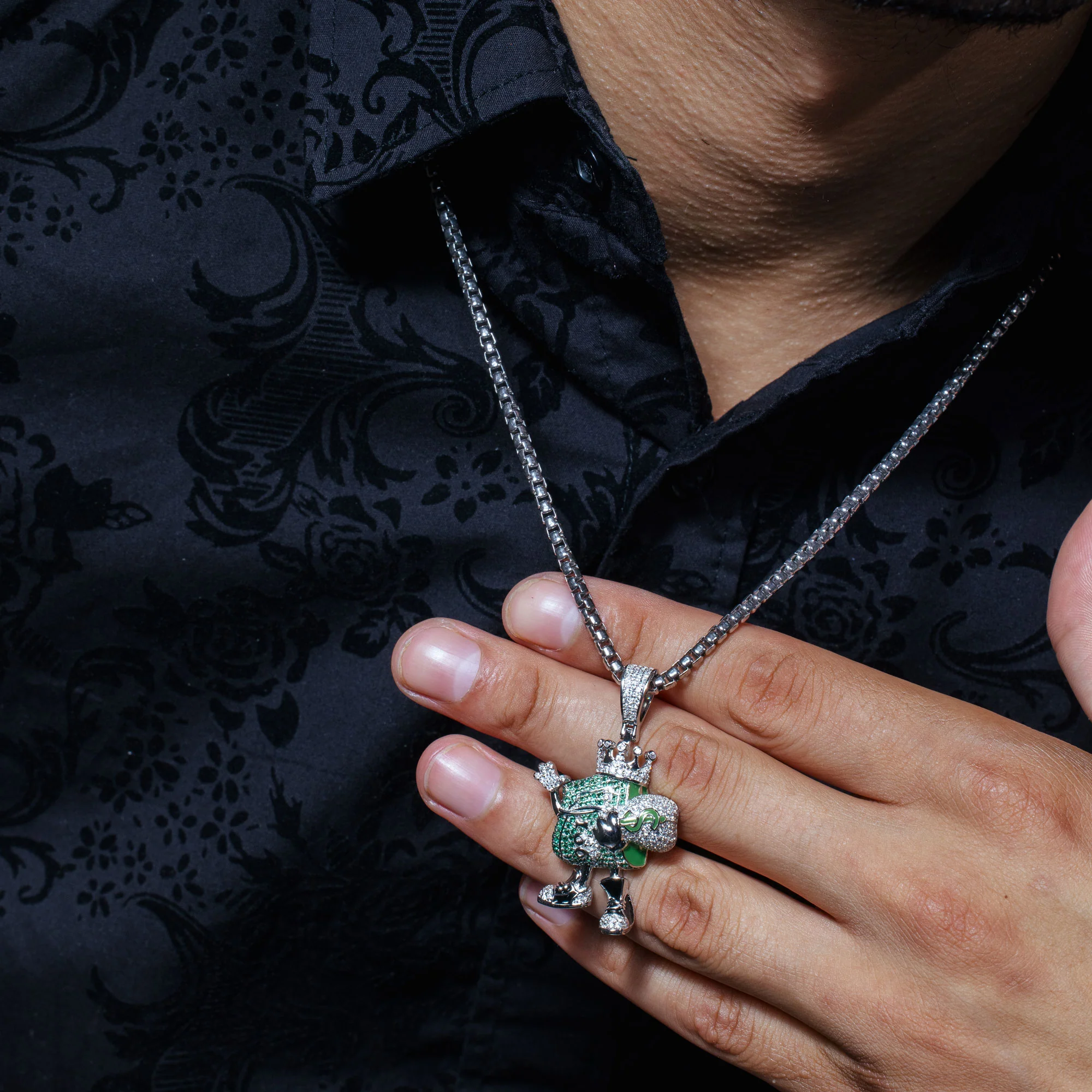 Rhodium Plated 925 Sterling Silver Cash King Money Bag Clear and Green CZ Pendant - SLP00394 - Image 2