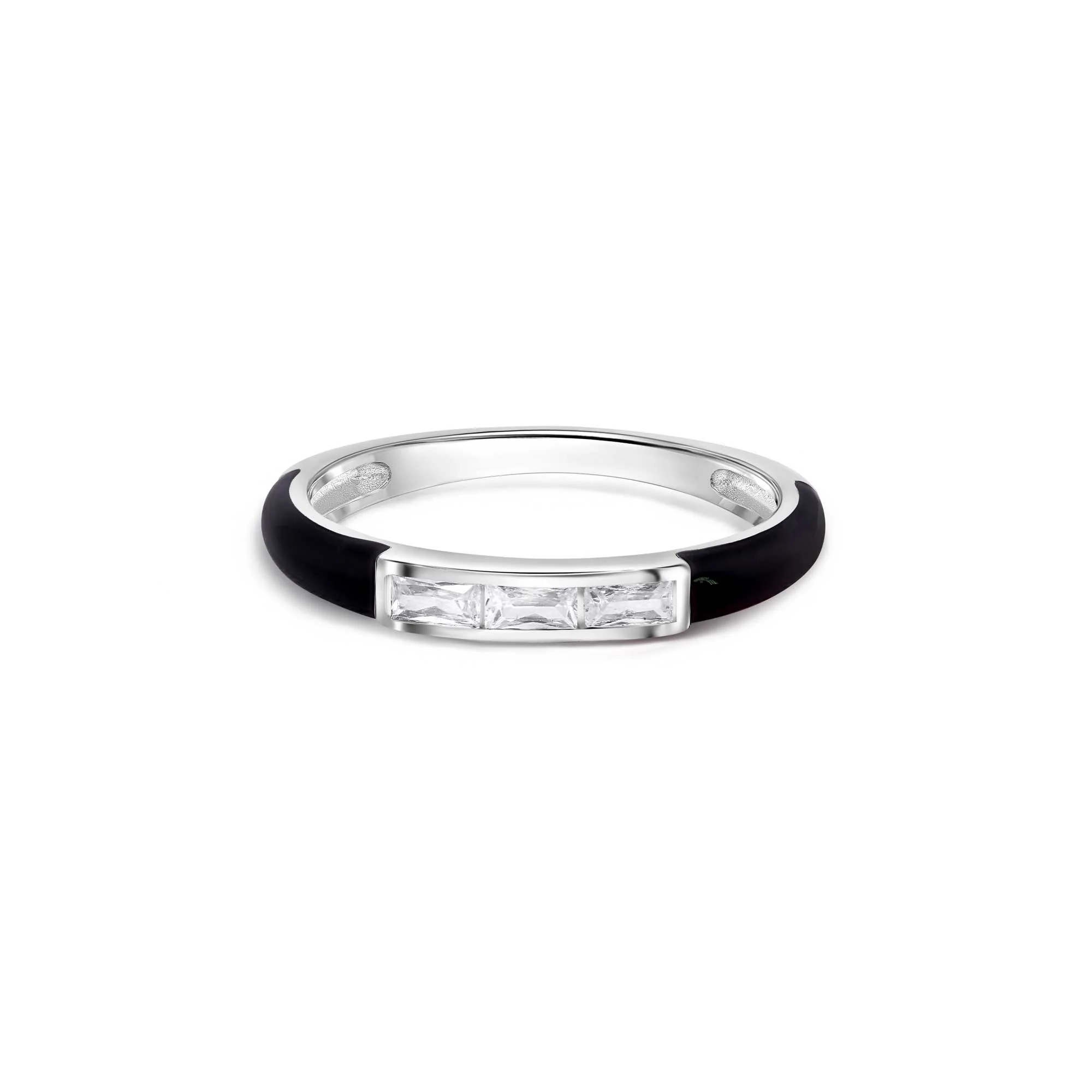Rhodium Plated 925 Sterling Silver Clear Black Enamel Baguette CZ 2.5mm Ring - BGR01373