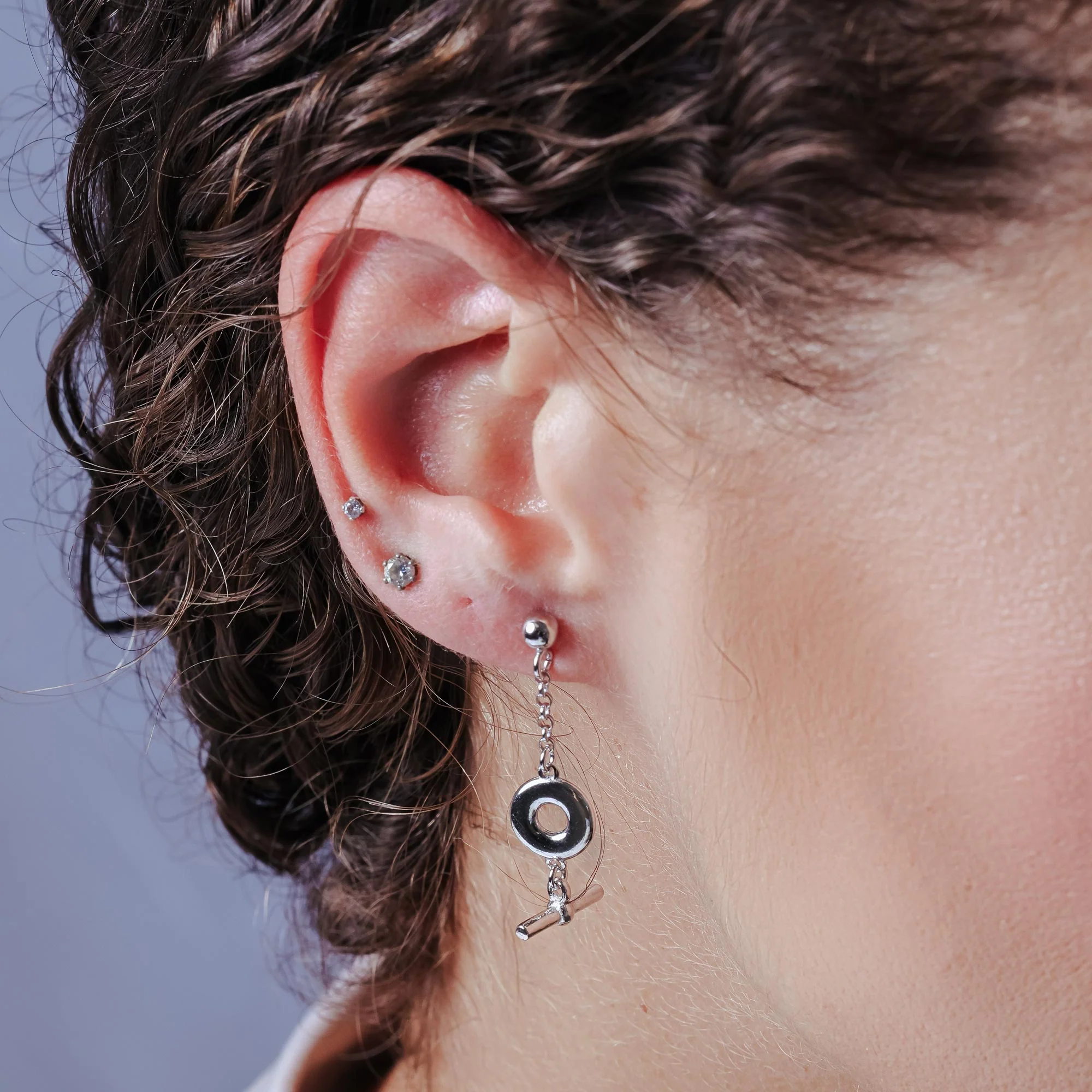 Rhodium Plated 925 Sterling Silver Dangling Donut Bar Stud Earrings - ITE00098-RH - Image 2