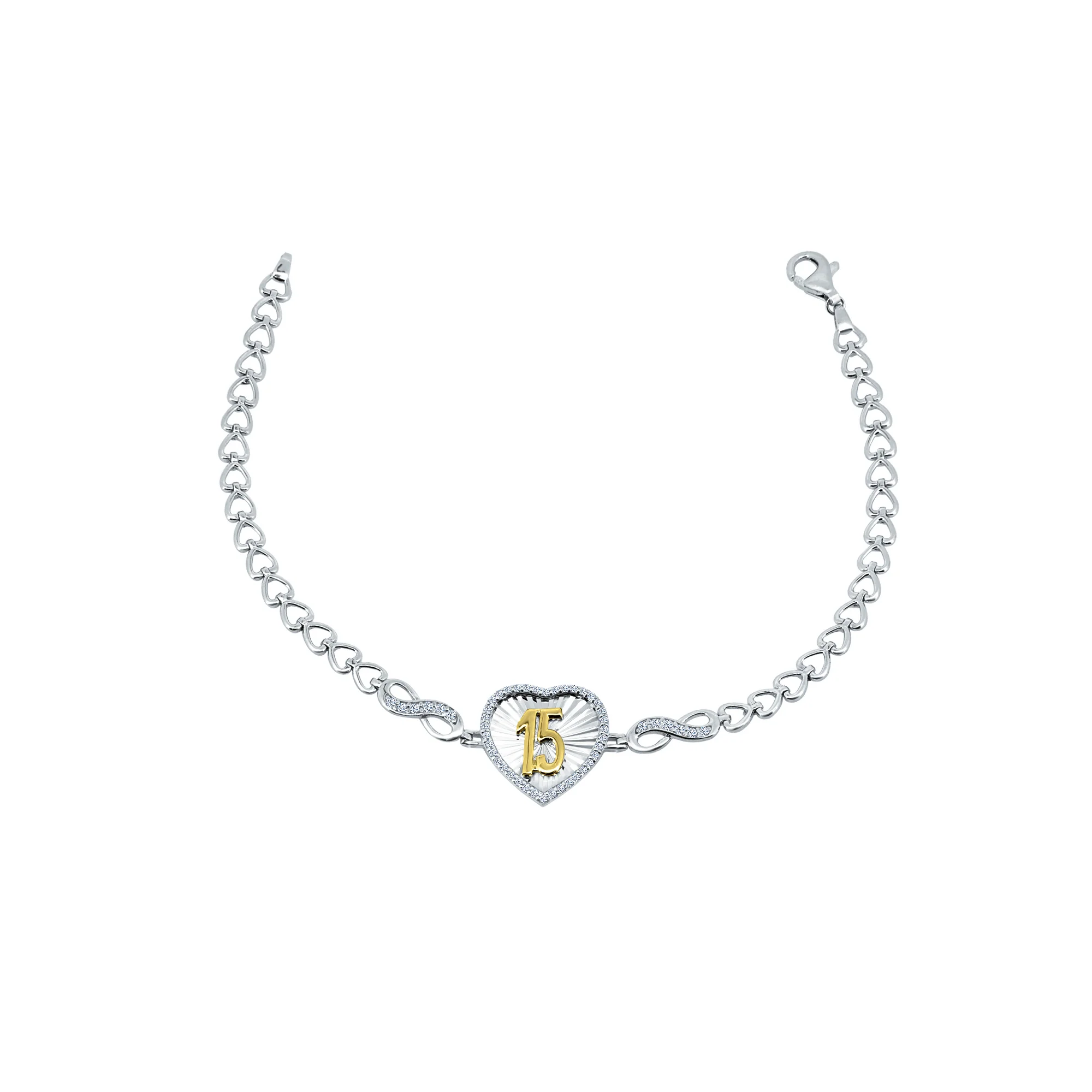 Rhodium Plated 925 Sterling Silver Diamond Cut Quinceañera Heart Infinity Clear CZ Bracelet - GMB00113RG