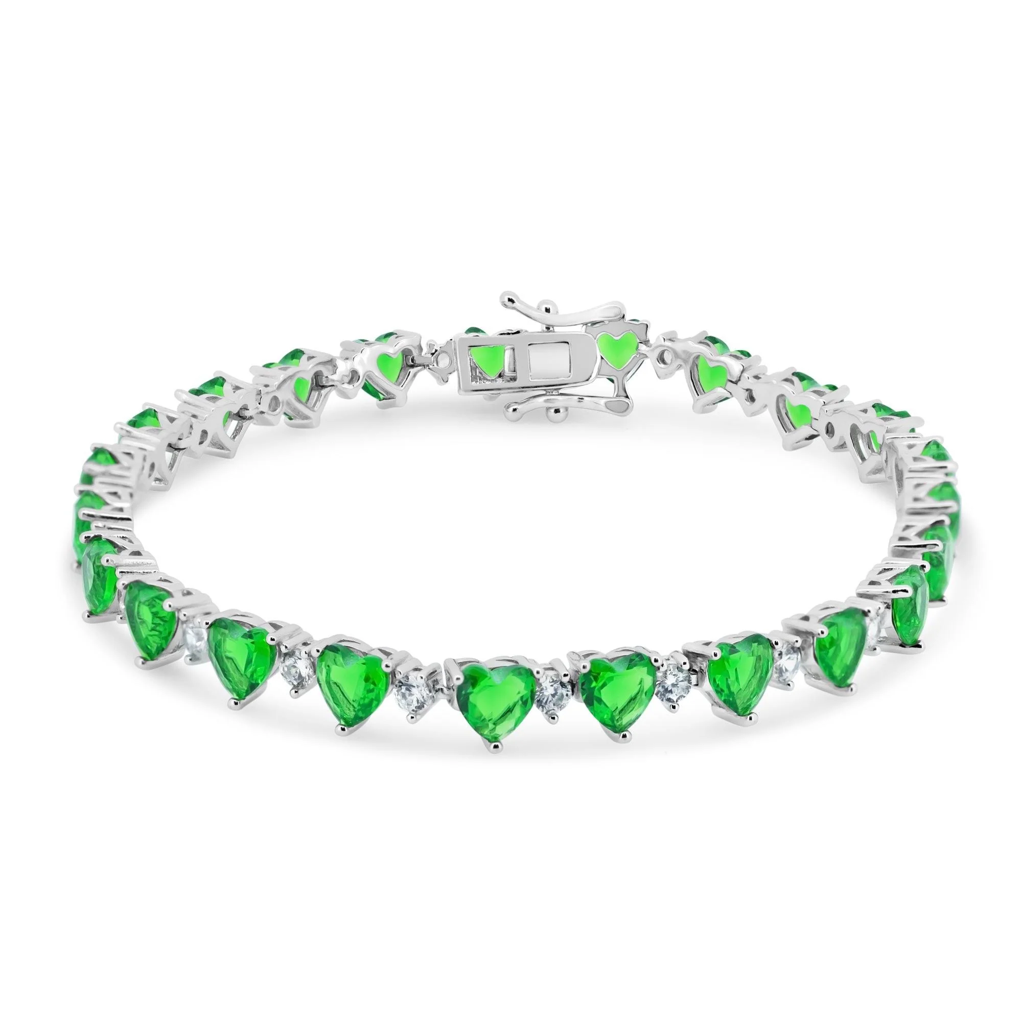 Rhodium Plated 925 Sterling Silver Heart Green CZ 6mm Tennis Bracelet - STB00622GREEN
