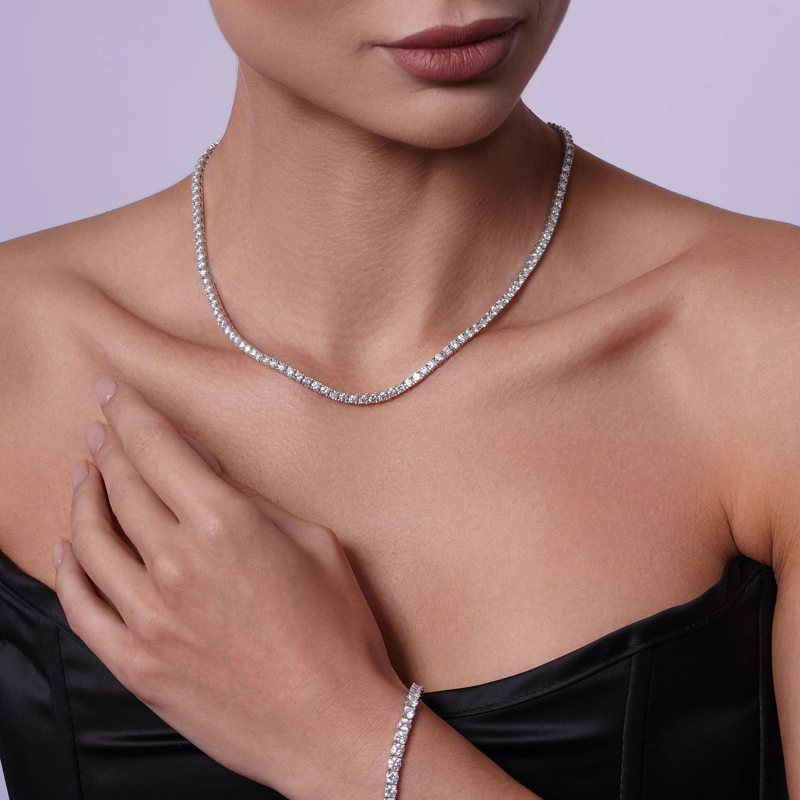 Rhodium Plated 925 Sterling Silver Moissanite Stone 3mm Tennis Necklace - MGMN00016 - Image 2