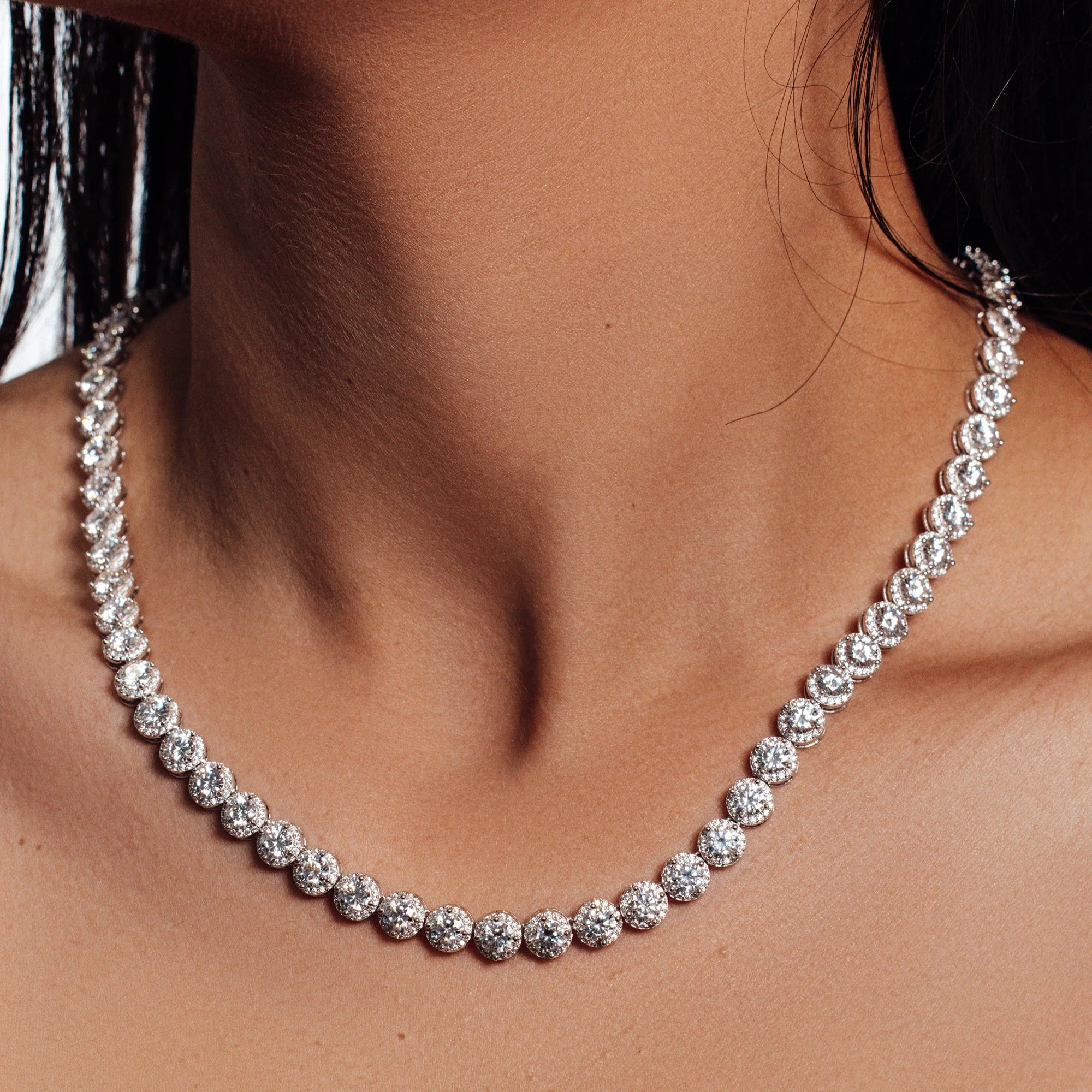Rhodium Plated 925 Sterling Silver Moissanite Stone Halo Tennis Necklace - MGMN00004 - Image 2