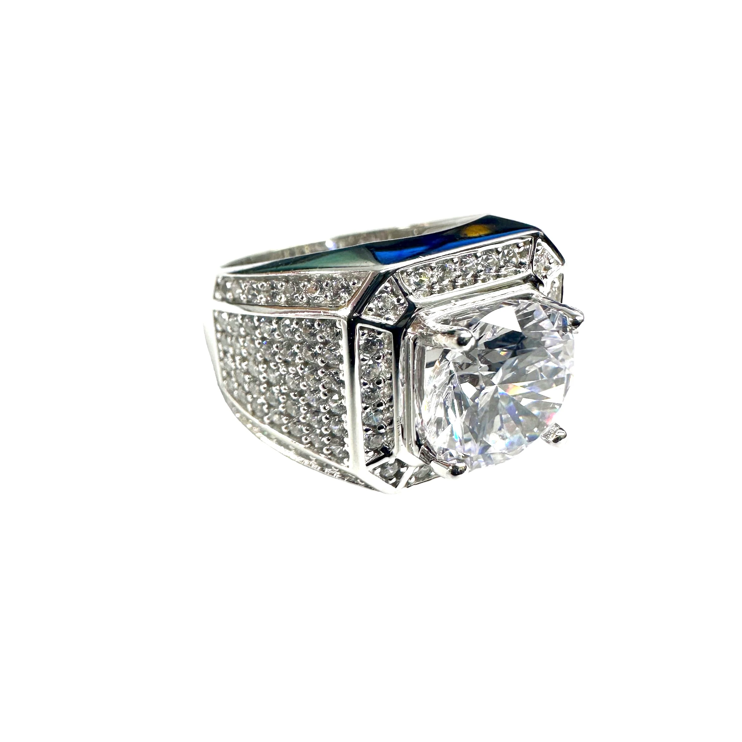 Rhodium Plated 925 Sterling Silver Statement Studded Small and Top 8mm Clear CZ Ring - GMR00376 - Image 2