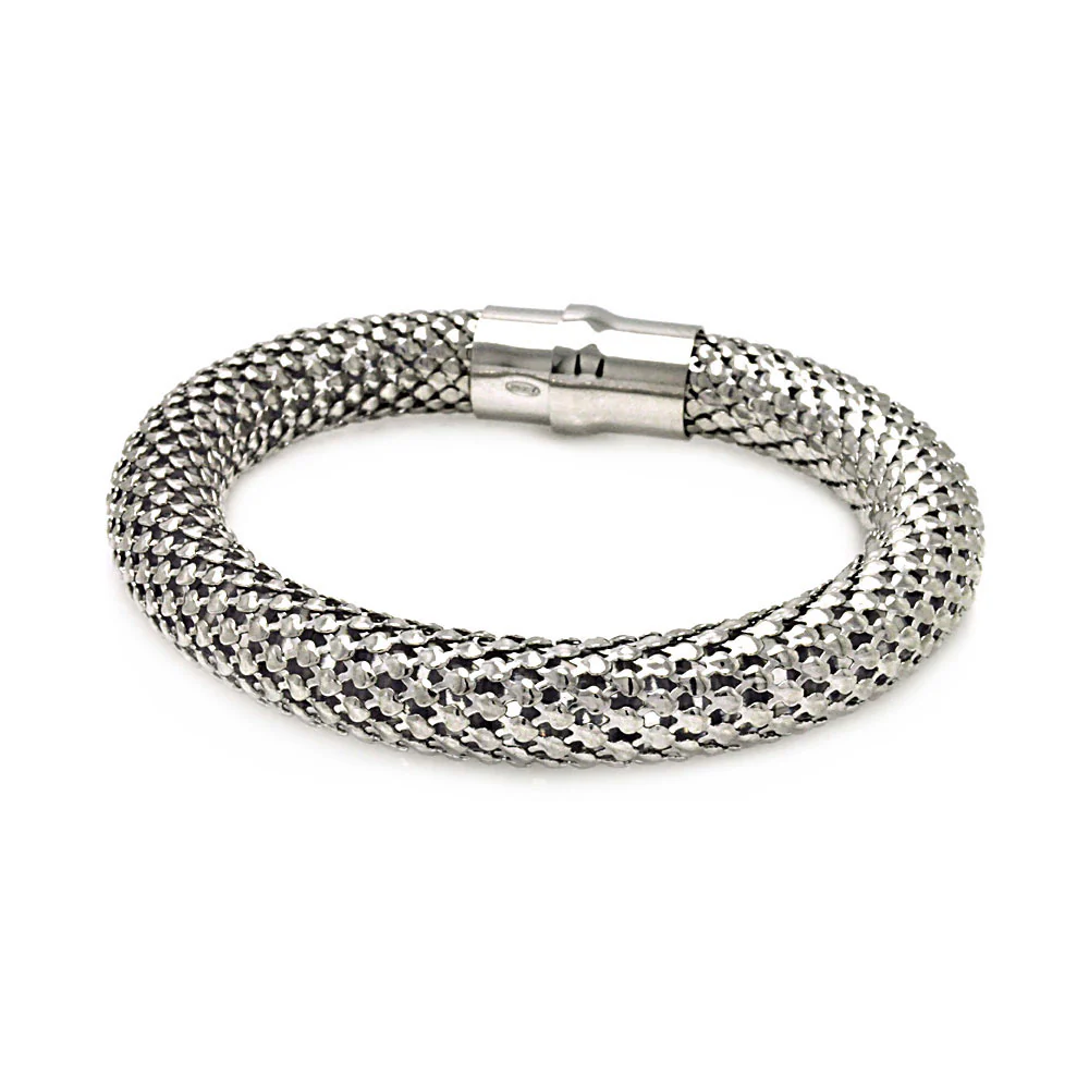 Rhodium Plated 925 Sterling Silver Thick Beaded Italian Bracelet - ITB00018RH - Image 2