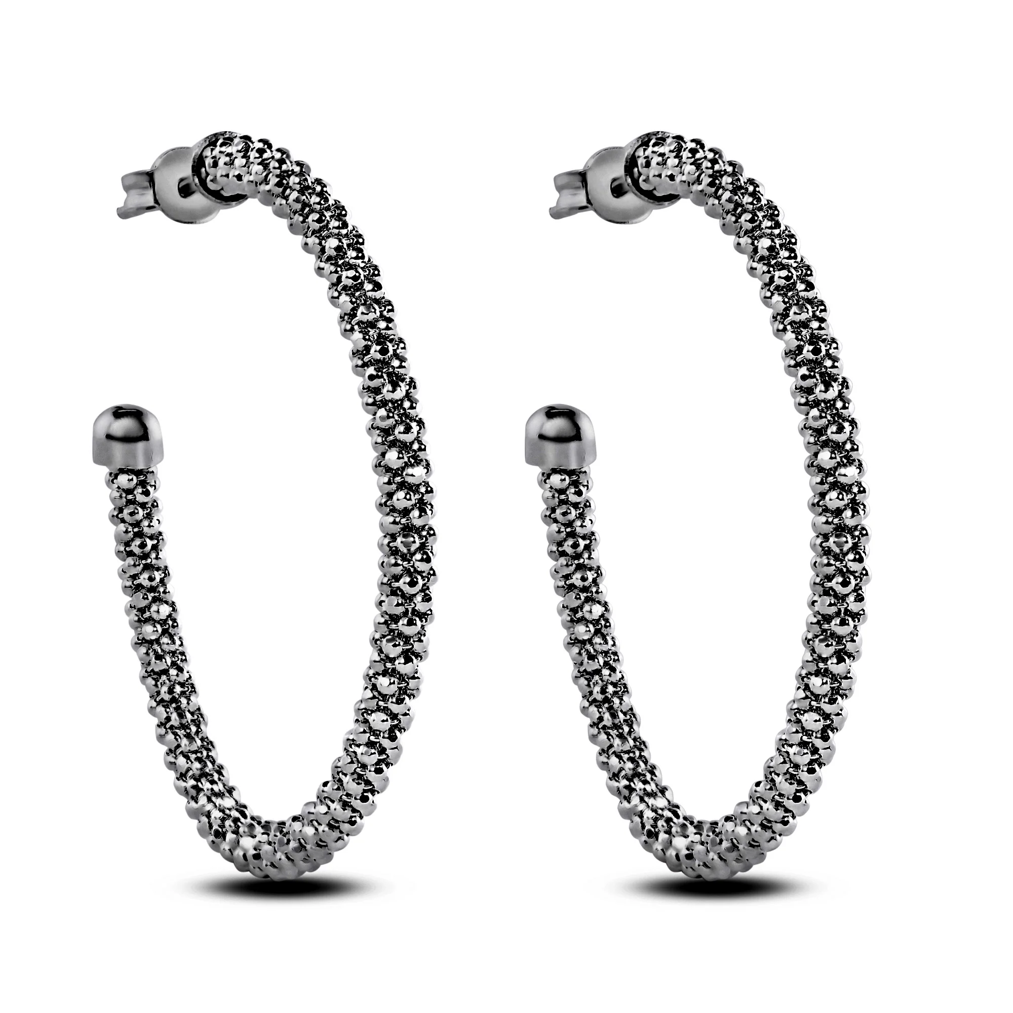 Clearance - Sterling 925 Sterling Silver Blk Rhodium Plated Beaded Semi Hoop Earrings - ITE00045BLK