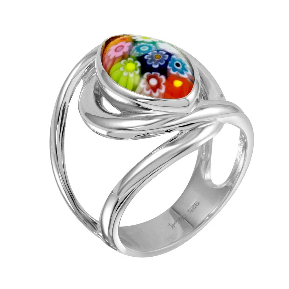 Rhodium Plated 925 Sterling Silver Open Shank Oval Shape Murano Glass Ring - MR00008 - Image 2