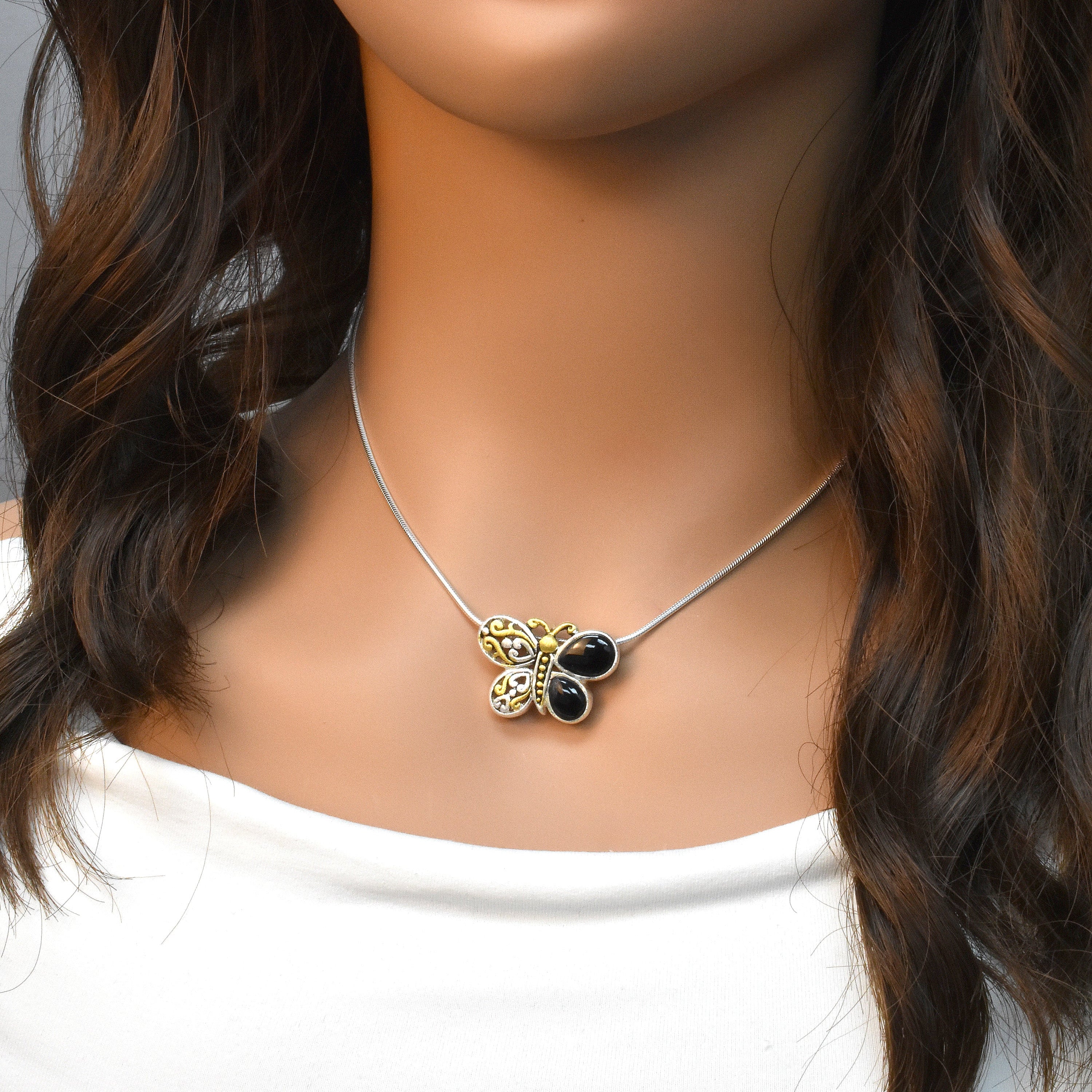 Clearance-Sterling Silver Matte Finish Filigree style BLK Onyx Butterfly Pendant  - SPP00005BLK