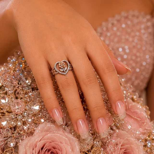Two-Tone 925 Sterling Silver Rose Inside Beaded Heart Ring - GMR00455 - Image 2