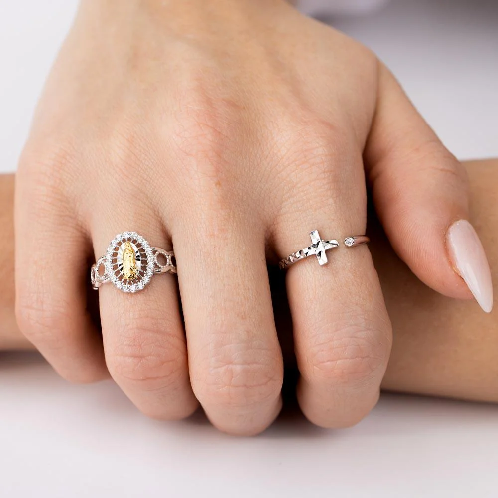 Two-Tone 925 Sterling Silver Moissanite or CZ Lady of Guadalupe Open Circle Shank Ring - MGMR00295RHR | GMR00295RHR - Image 2