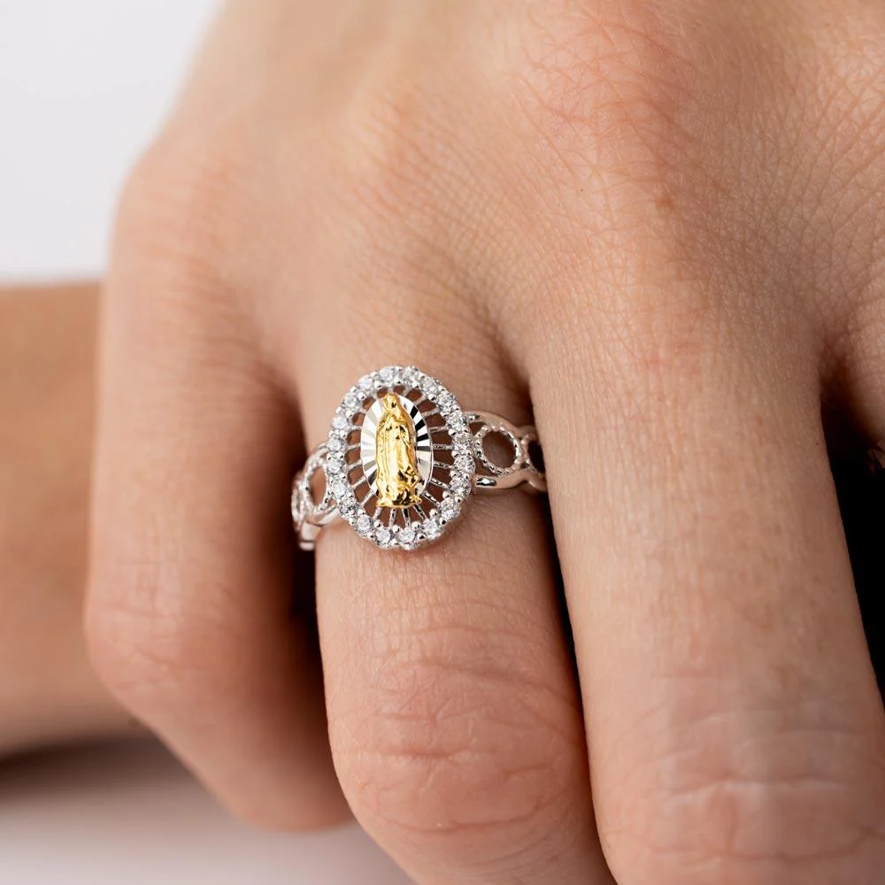 Two-Tone 925 Sterling Silver Moissanite or CZ Lady of Guadalupe Open Circle Shank Ring - MGMR00295RHR | GMR00295RHR - Image 3