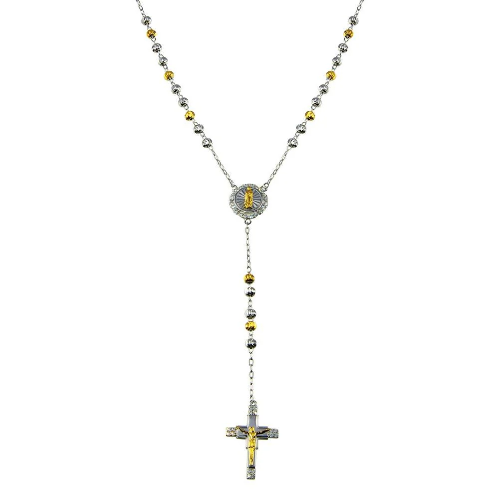 Two-Tone 925 Sterling Silver Plated Moissanite or CZ Diamond Cut Beaded Cross Rosary Necklace - MGMN00088RG | GMN00088RG