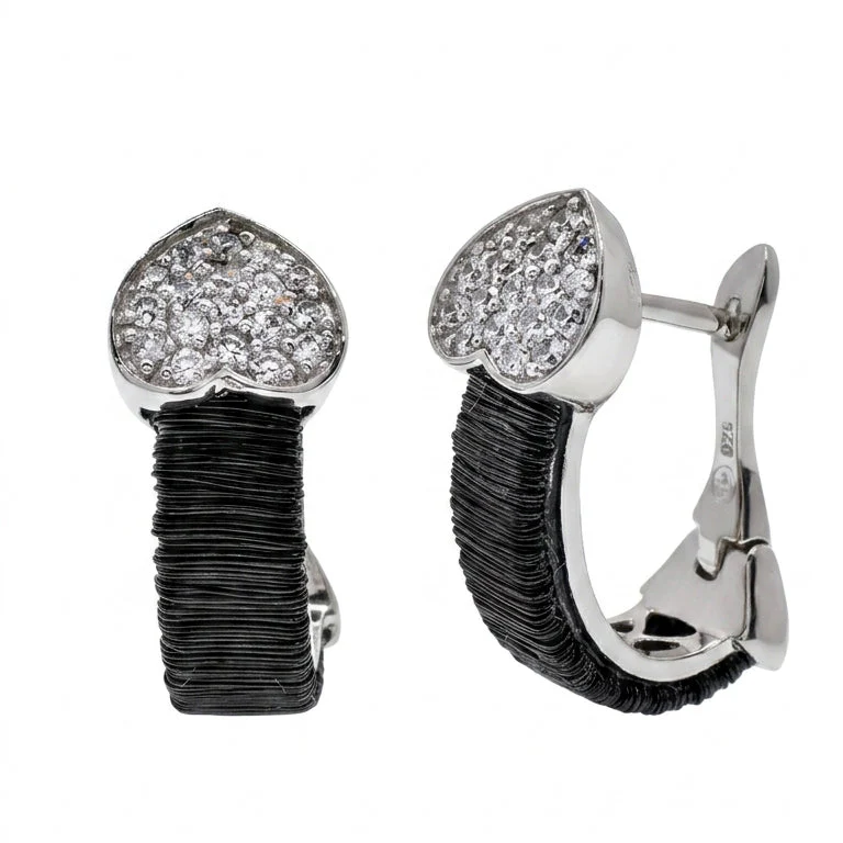 Clearance-925 Rhodium Plated Heart CZ Inlay Black Onyx Lever Back Earrings - BGE00133