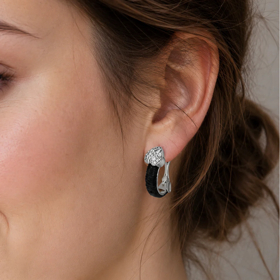 Clearance-925 Rhodium Plated Heart CZ Inlay Black Onyx Lever Back Earrings - BGE00133 - Image 2