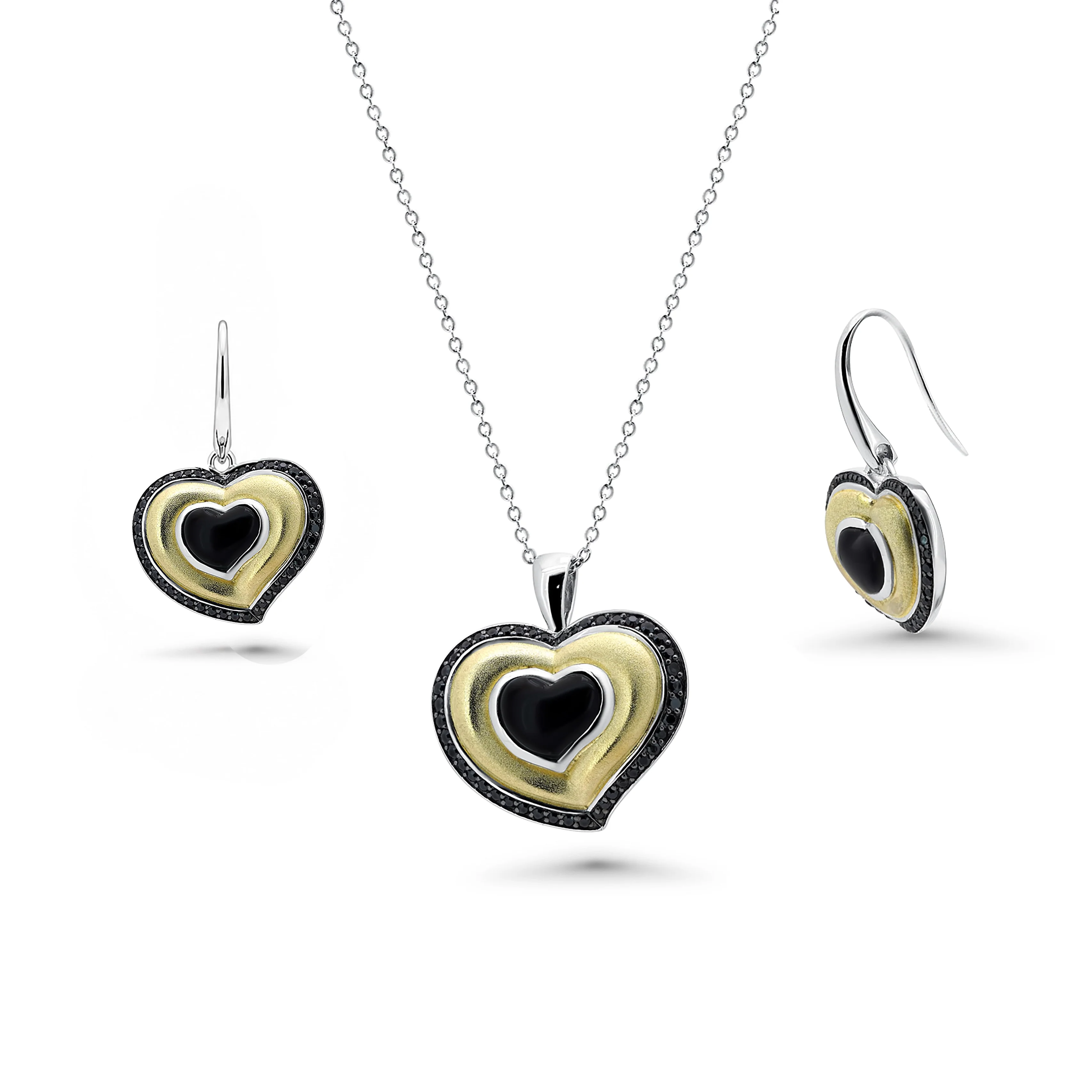 Clearance-Black Rhodium and Gold Plated 925 Silver CZ Slanted Heart Earring and Necklace Set - BGS00126