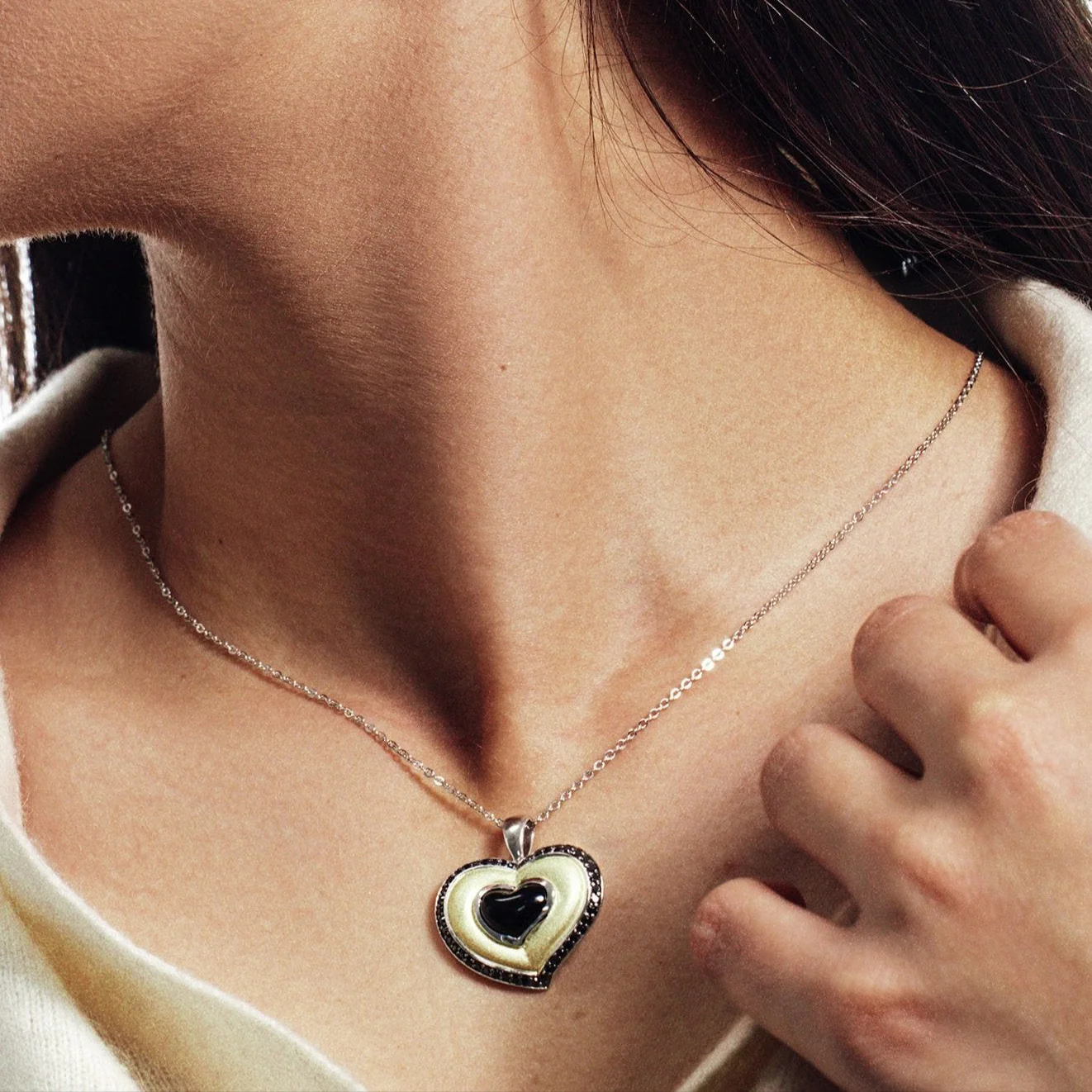 Clearance-Black Rhodium and Gold Plated 925 Silver CZ Slanted Heart Earring and Necklace Set - BGS00126 - Image 3