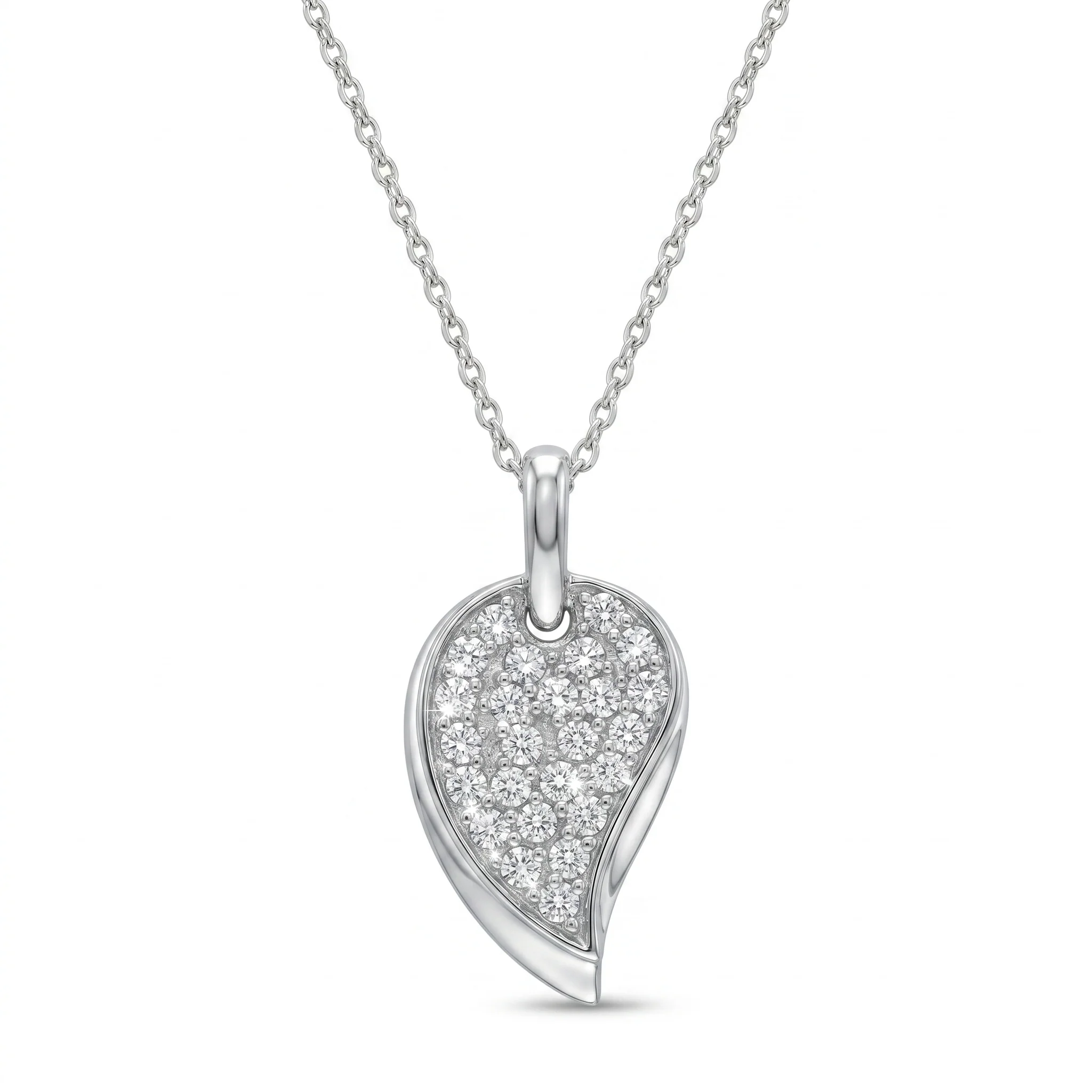 Clearance-Rhodium Plated 925 Sterling Silver Movable CZ Leaf Pendant Necklace - STP00019