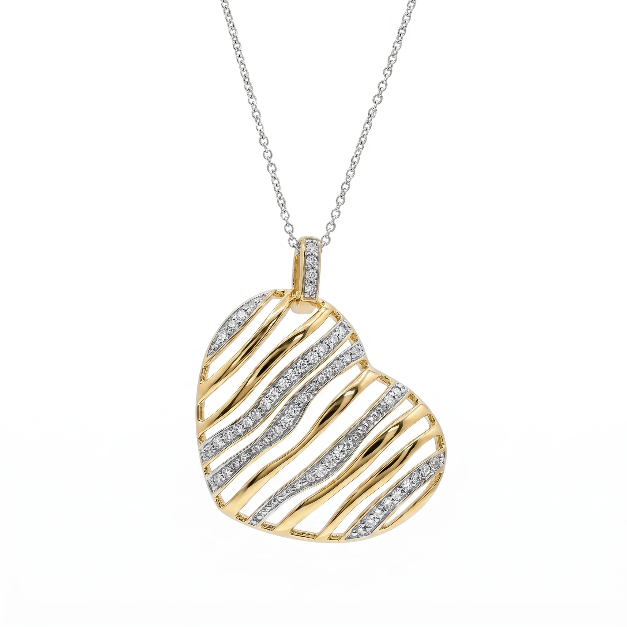 Clearance-Two Tone 925 Sterling Silver CZ Waved Heart Pendant Necklace - STP00925