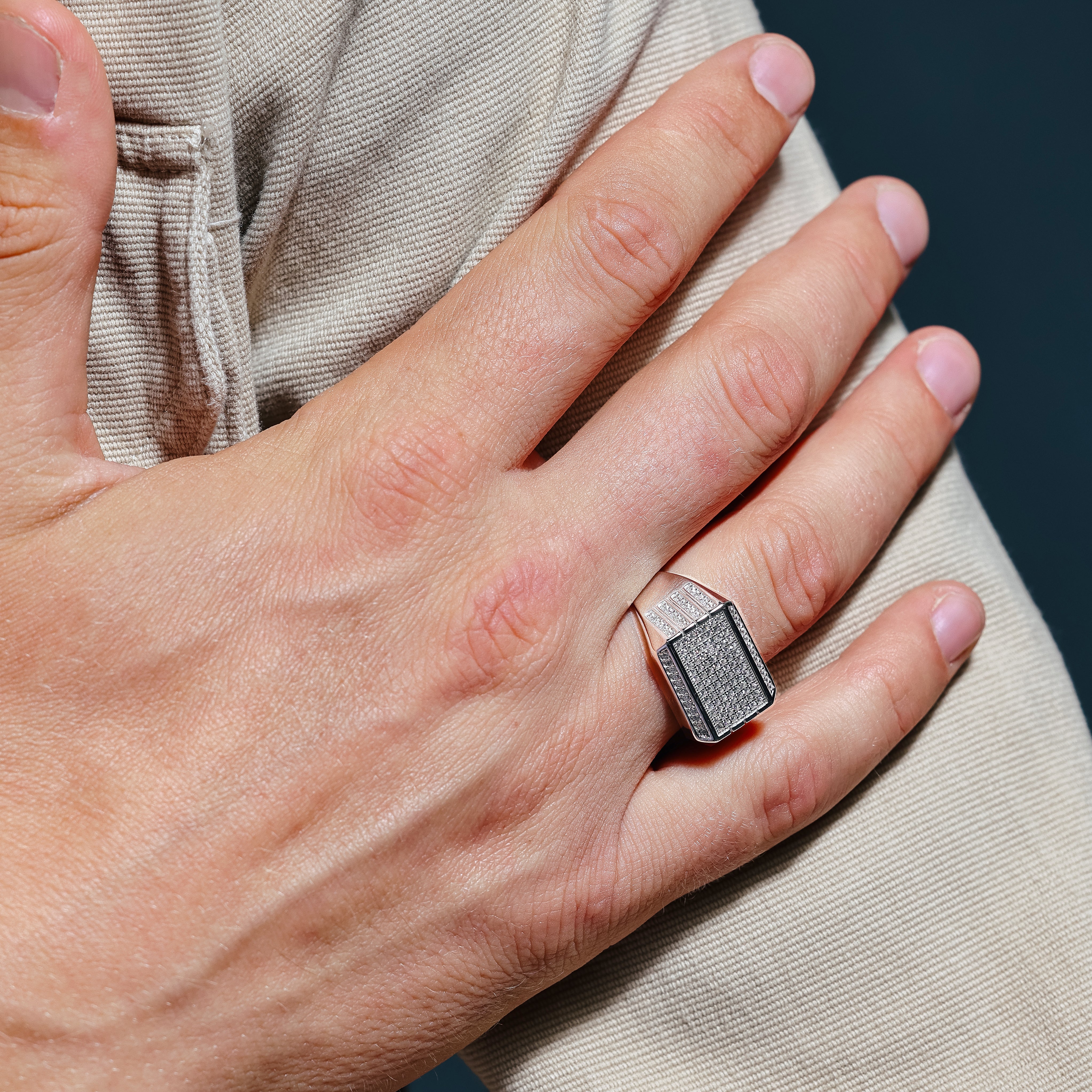 Rhodium Plated 925 Sterling Silver Men's Rectangular Ring with CZ - GMR00220 - Image 3