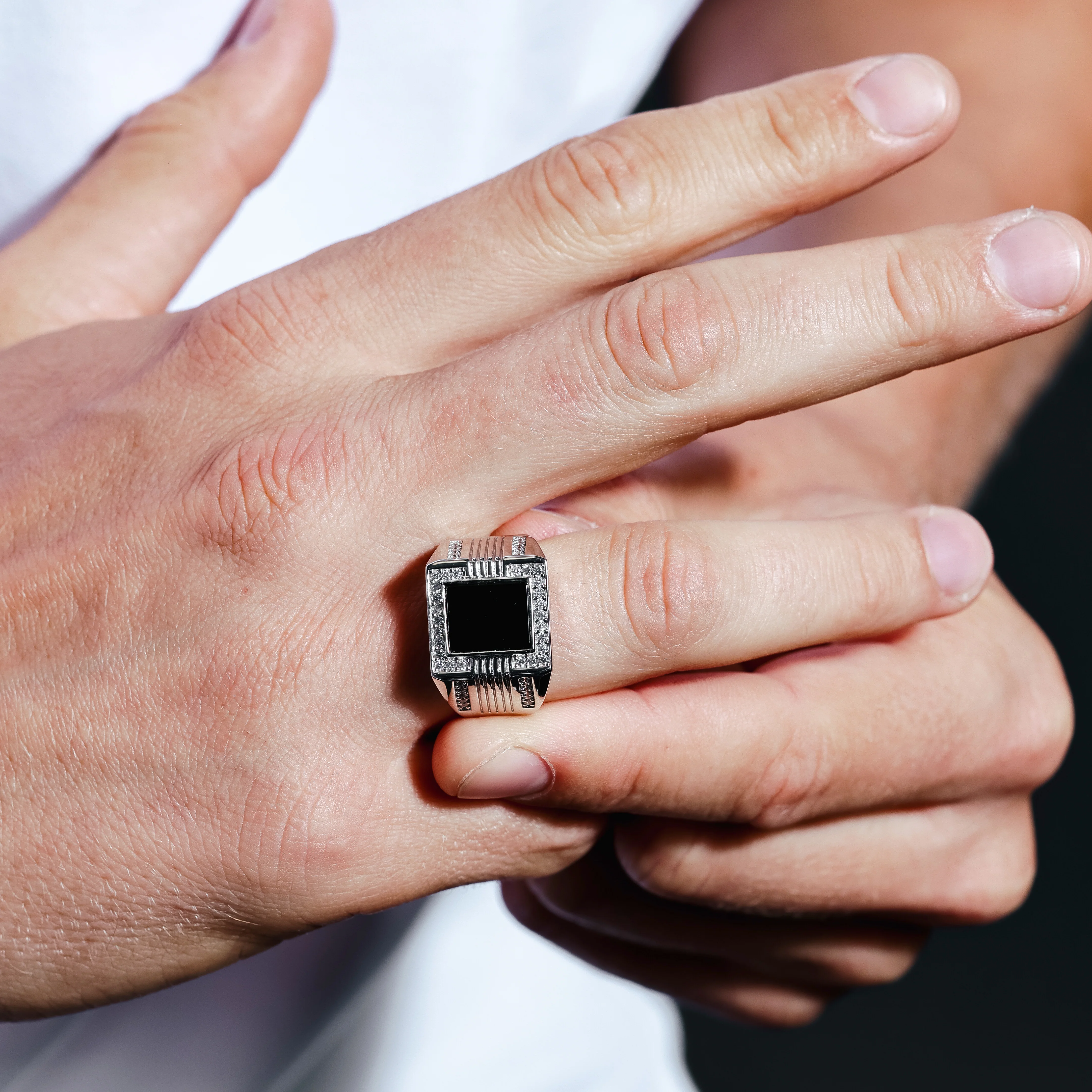 Rhodium Plated 925 Sterling Silver Men's Square Flat Onyx Ring with CZ - GMR00252RH - Image 2