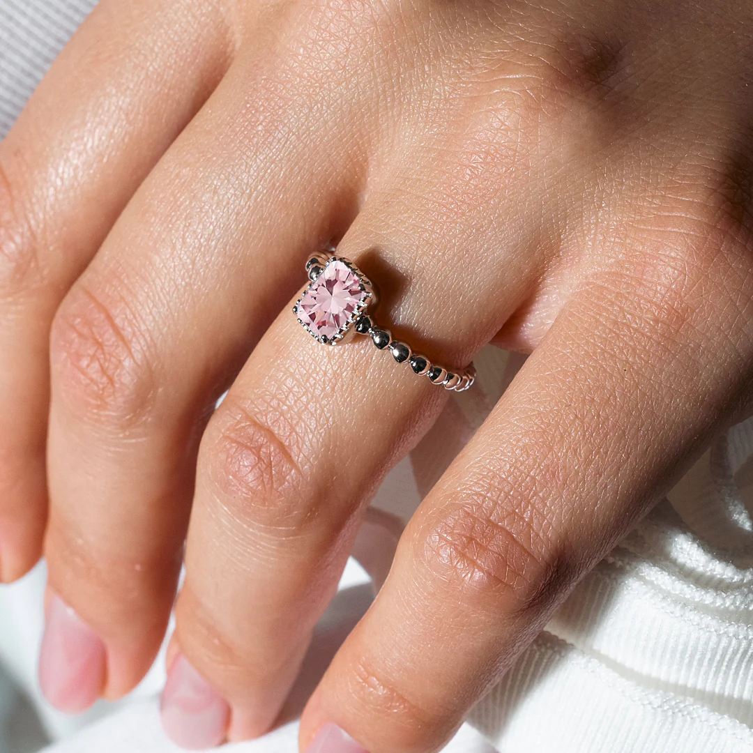 October Sterling Silver 925 Rhodium Plated Beaded Shank Square Center Birthstone Ring - BGR01081OCT - Image 2