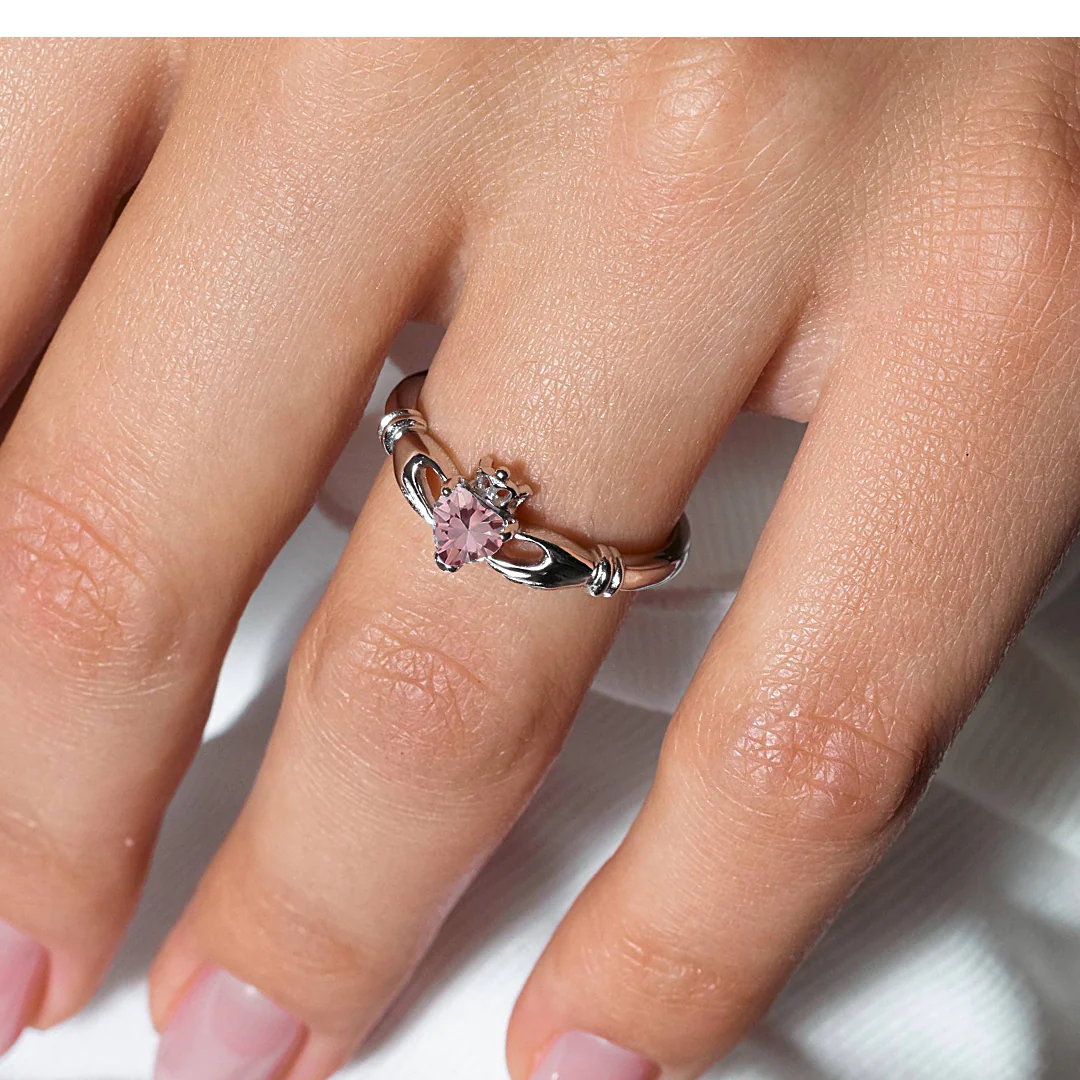 October Sterling Silver 925 Rhodium Plated CZ Center Birthstone Claddagh Ring - BGR01083OCT - Image 2