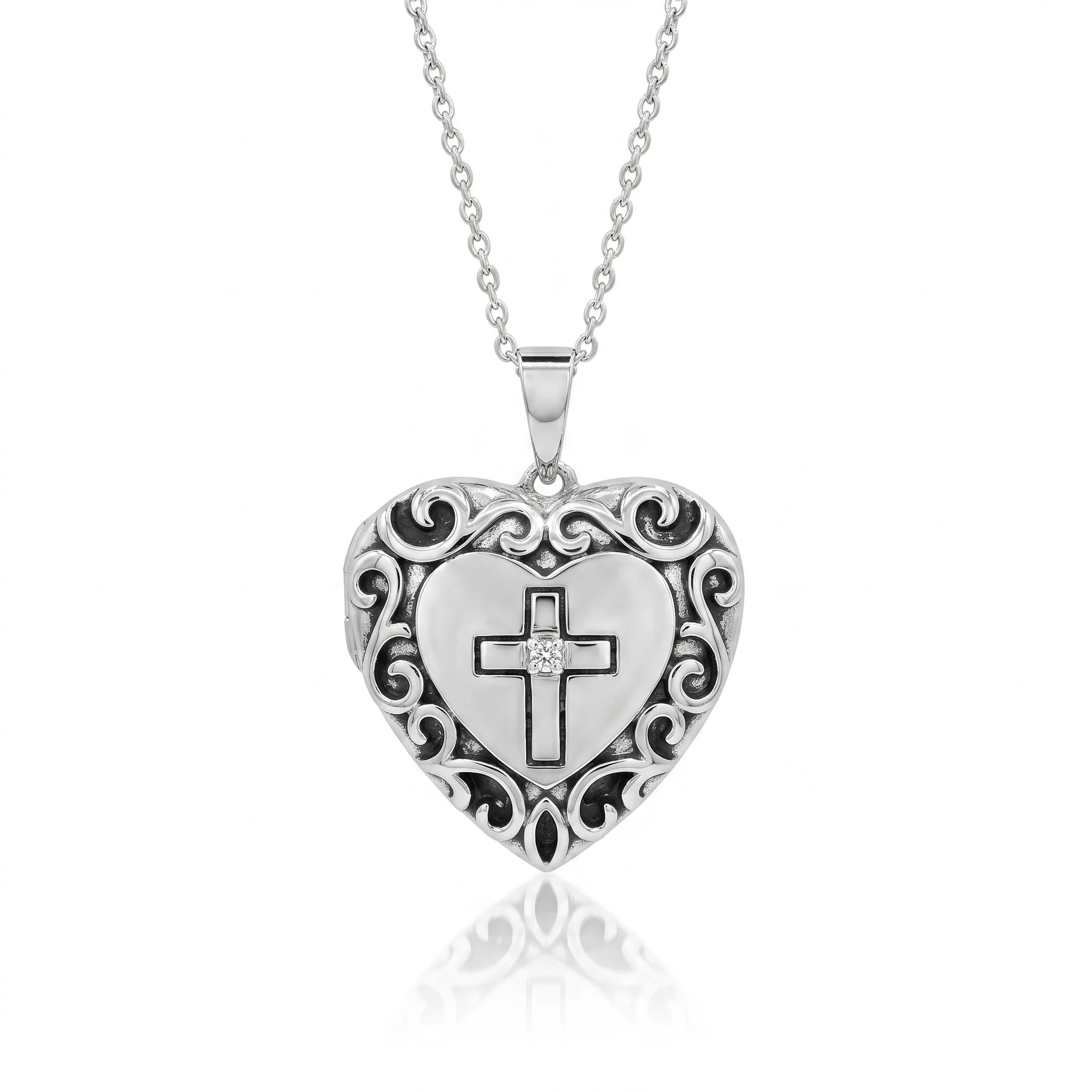 Rhodium Plated 92 Sterling Silver CZ Cross Filigree Heart Locket Pendant Necklace - STP00622