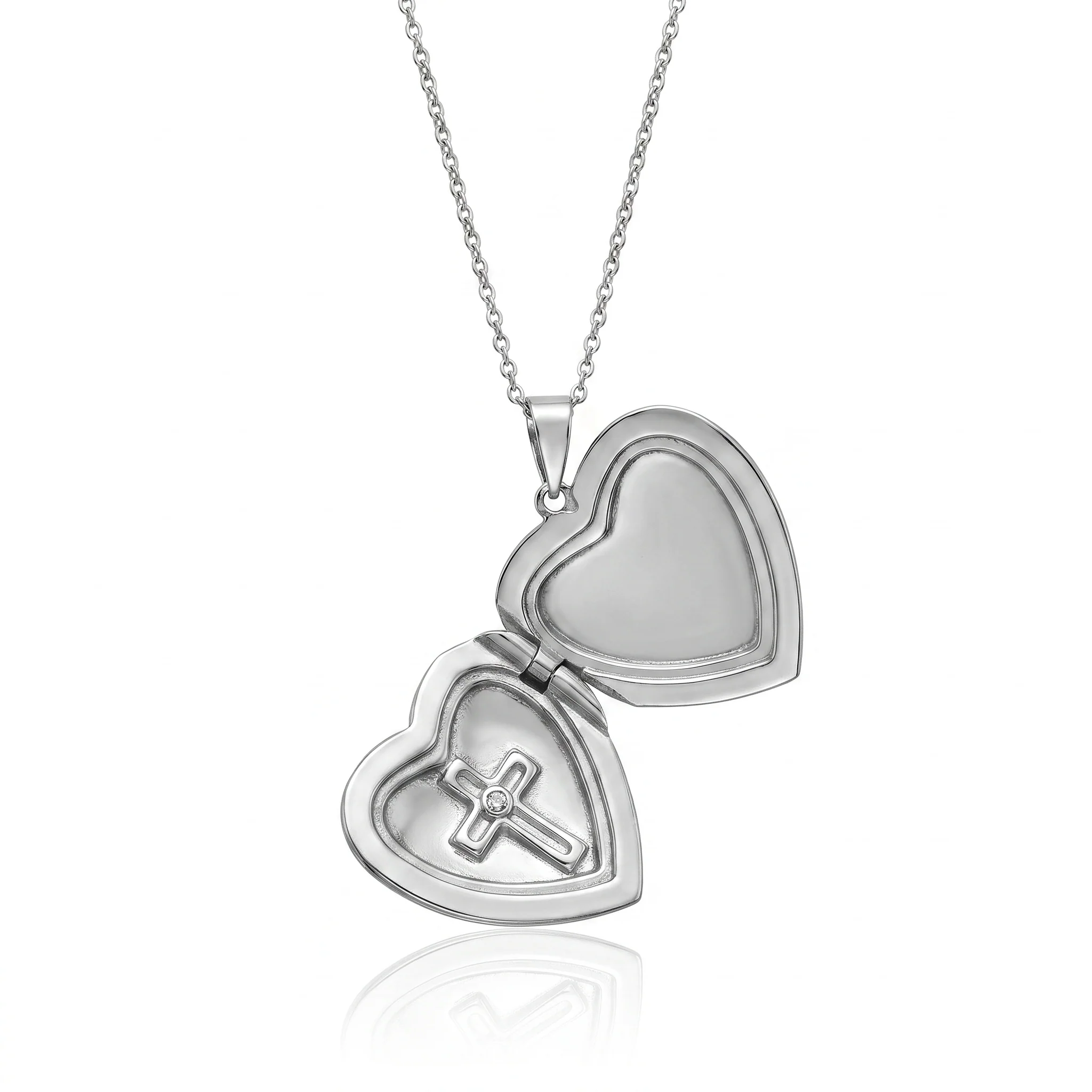Rhodium Plated 92 Sterling Silver CZ Cross Filigree Heart Locket Pendant Necklace - STP00622 - Image 2